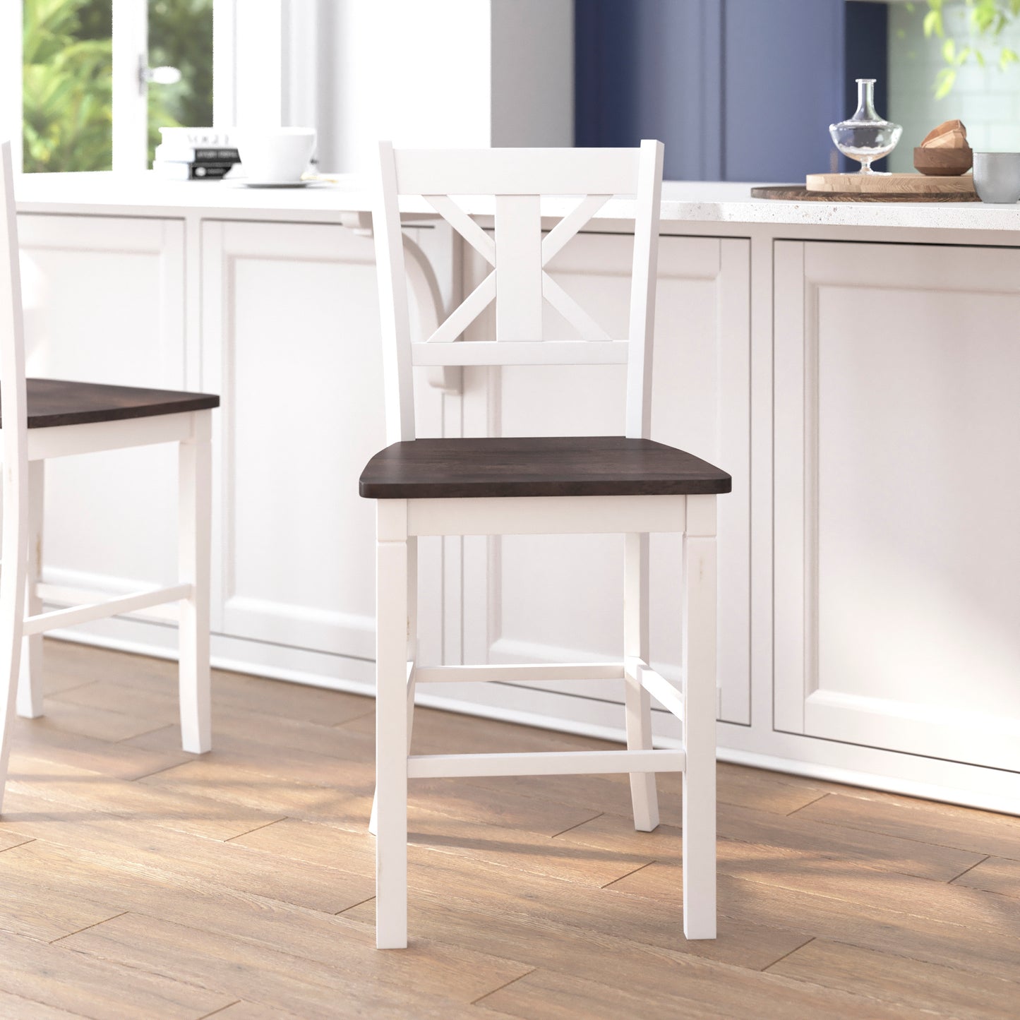 Gwendolyn Set of 2 Commercial Grade Solid Wood Modern Farmhouse Counter Height Barstool in Antique White Wash White Wash