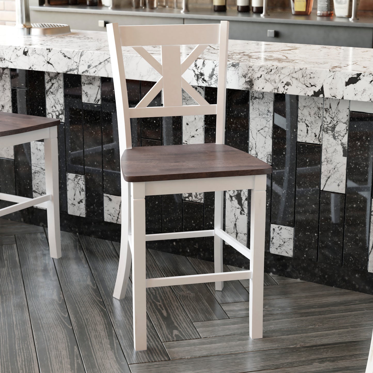 Gwendolyn Set of 2 Commercial Grade Solid Wood Modern Farmhouse Counter Height Barstool in Antique White Wash White Wash