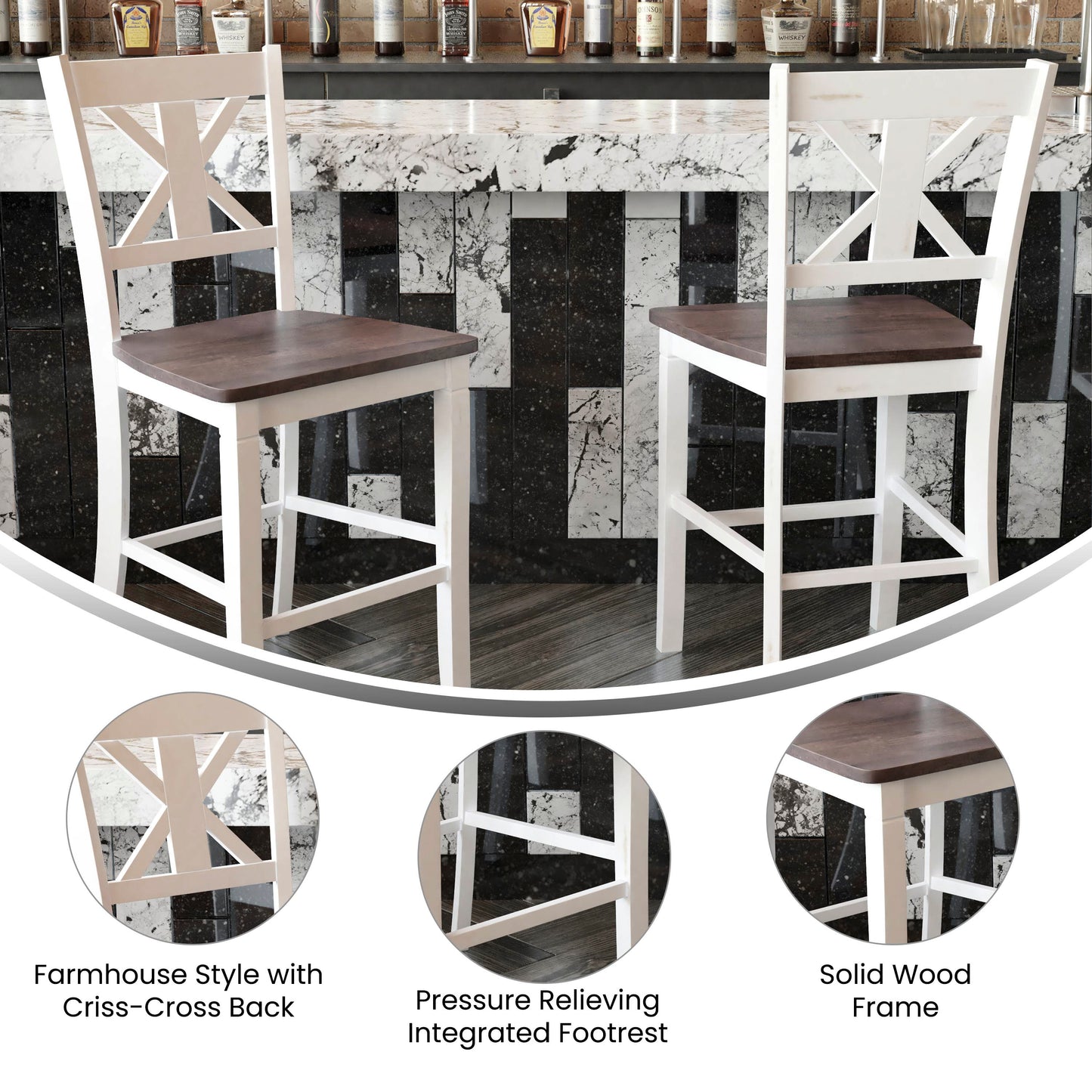 Gwendolyn Set of 2 Commercial Grade Solid Wood Modern Farmhouse Counter Height Barstool in Antique White Wash White Wash