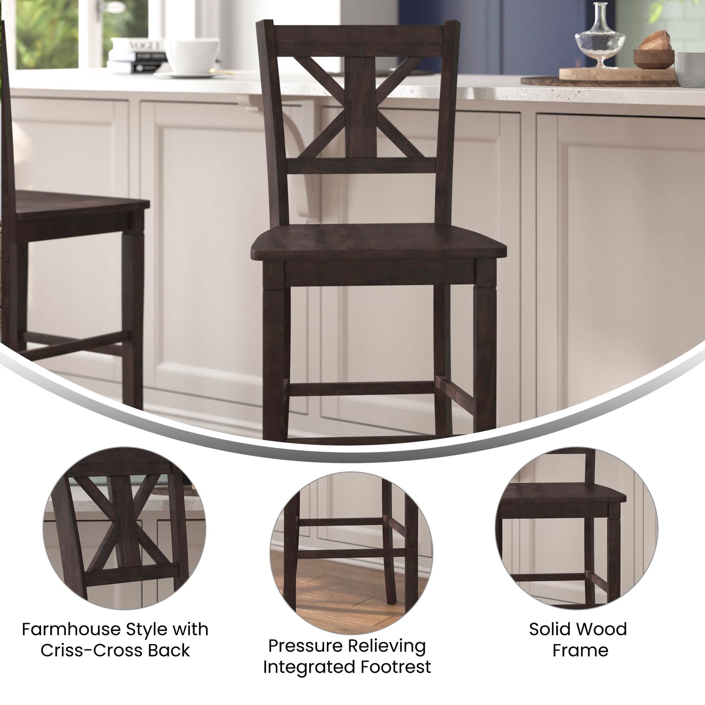 Gwendolyn Set of 2 Commercial Grade Solid Wood Modern Farmhouse Barstool in Gray Wash Walnut Gray Wash Walnut
