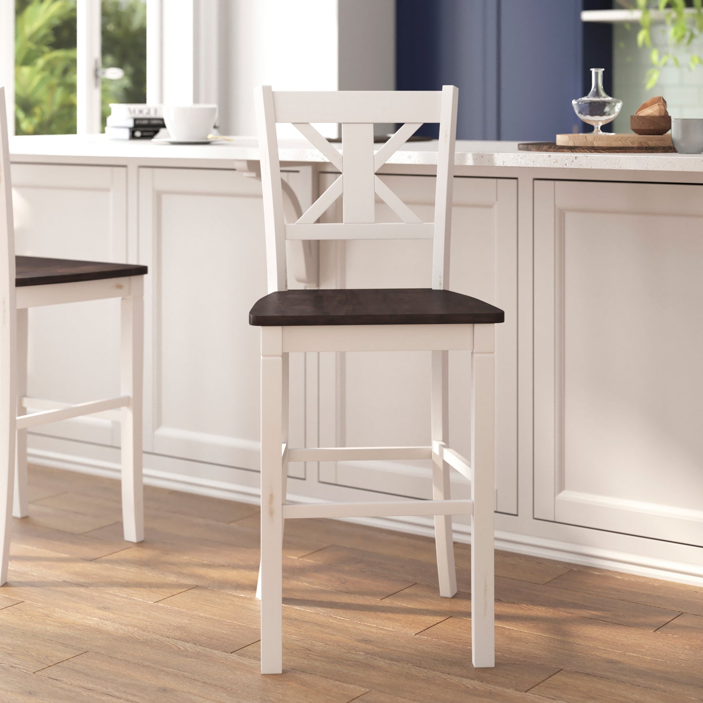 Gwendolyn Set of 2 Commercial Grade Solid Wood Modern Farmhouse Barstool in Antique White Wash White Wash