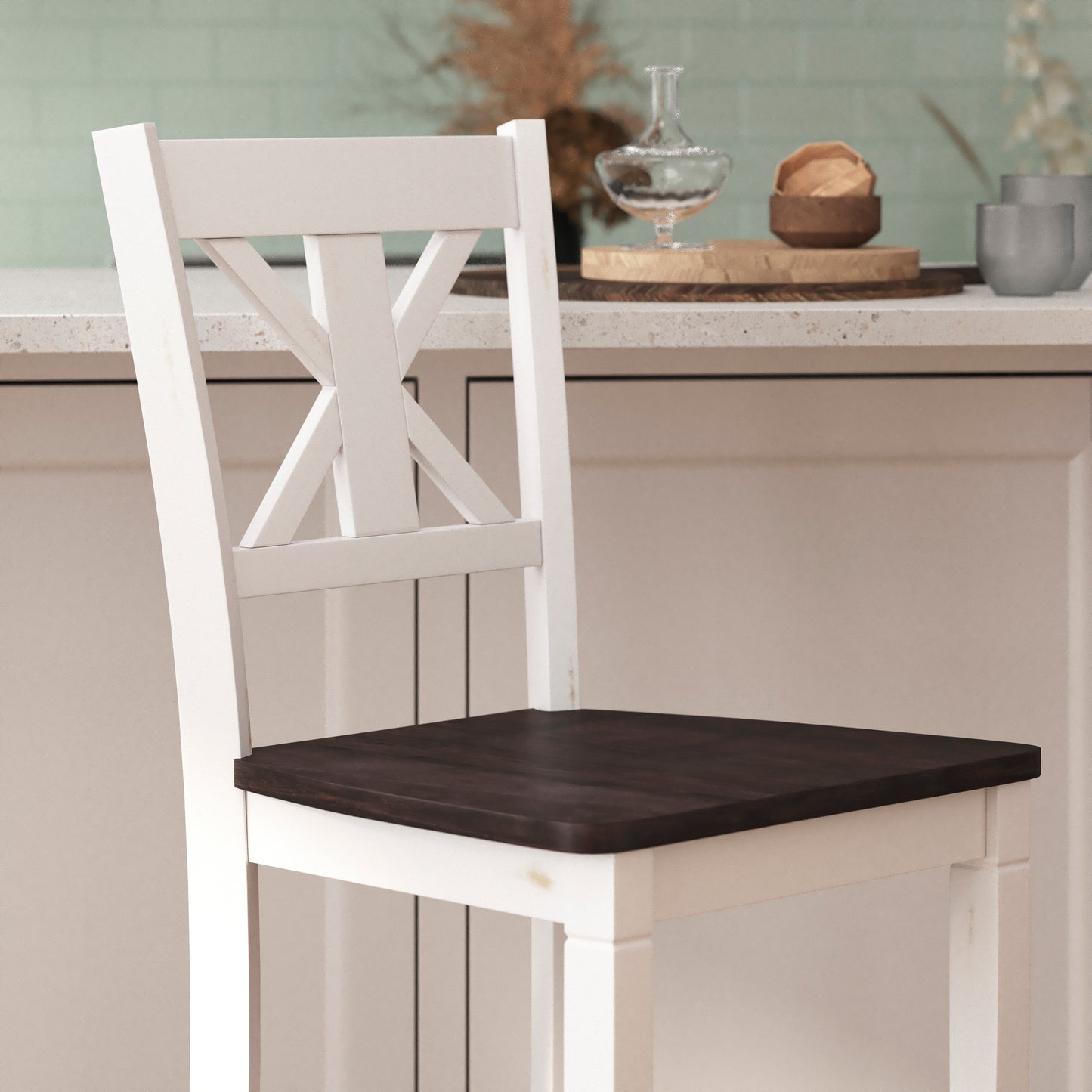 Gwendolyn Set of 2 Commercial Grade Solid Wood Modern Farmhouse Barstool in Antique White Wash White Wash