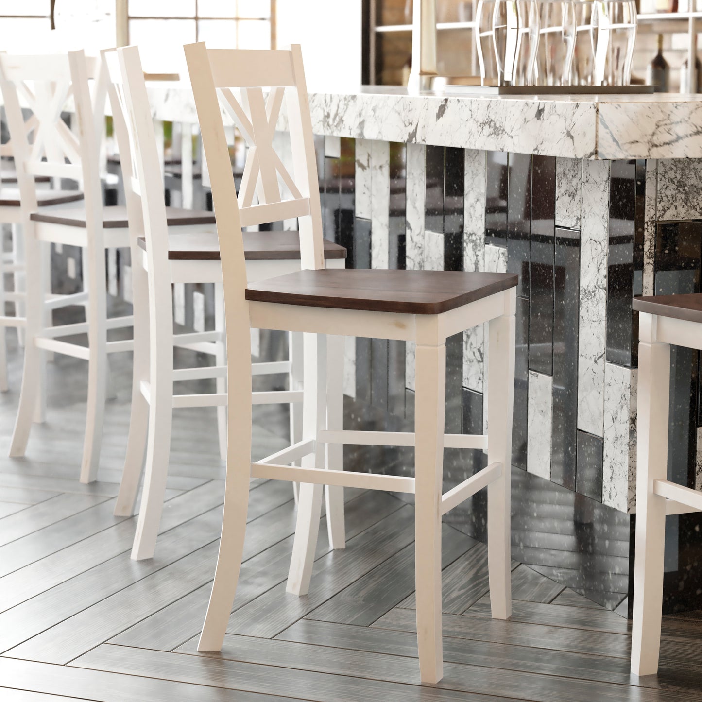Gwendolyn Set of 2 Commercial Grade Solid Wood Modern Farmhouse Barstool in Antique White Wash White Wash