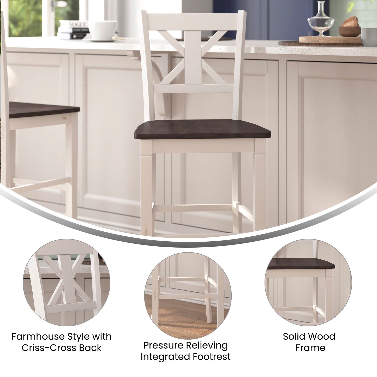 Gwendolyn Set of 2 Commercial Grade Solid Wood Modern Farmhouse Barstool in Antique White Wash White Wash
