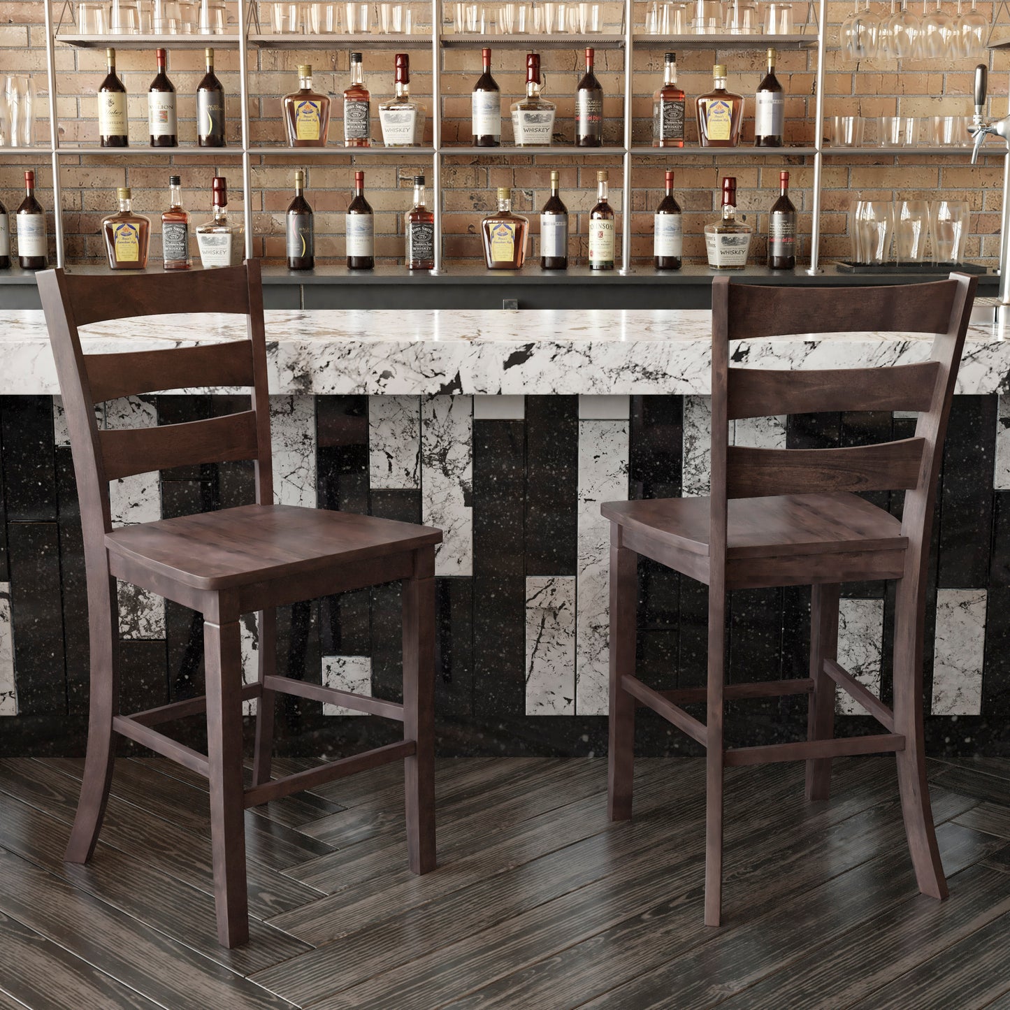 Liesel Set of 2 Commercial Grade Wooden Classic Ladderback Counter Height Barstool with Solid Wood Seat, Gray Wash Walnut Gray Wash Walnut