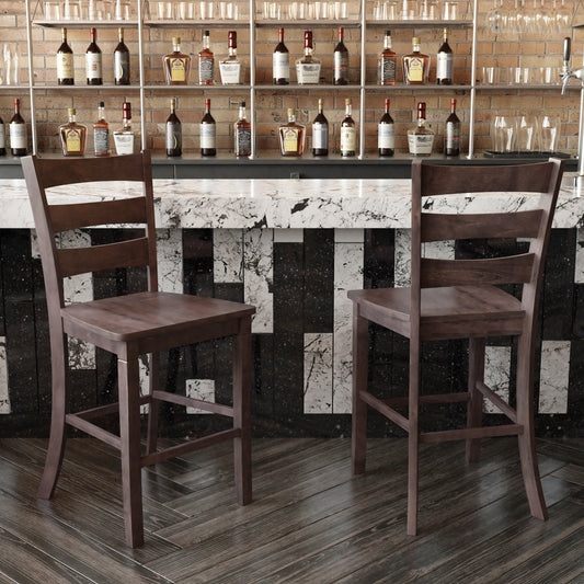 Liesel Set of 2 Commercial Grade Wooden Classic Ladderback Counter Height Barstool with Solid Wood Seat, Gray Wash Walnut Gray Wash Walnut