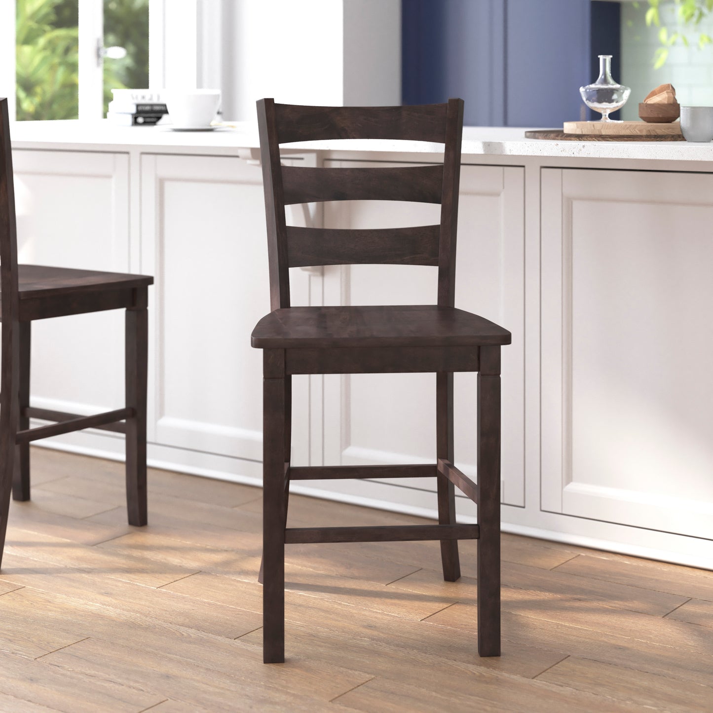 Liesel Set of 2 Commercial Grade Wooden Classic Ladderback Counter Height Barstool with Solid Wood Seat, Gray Wash Walnut Gray Wash Walnut