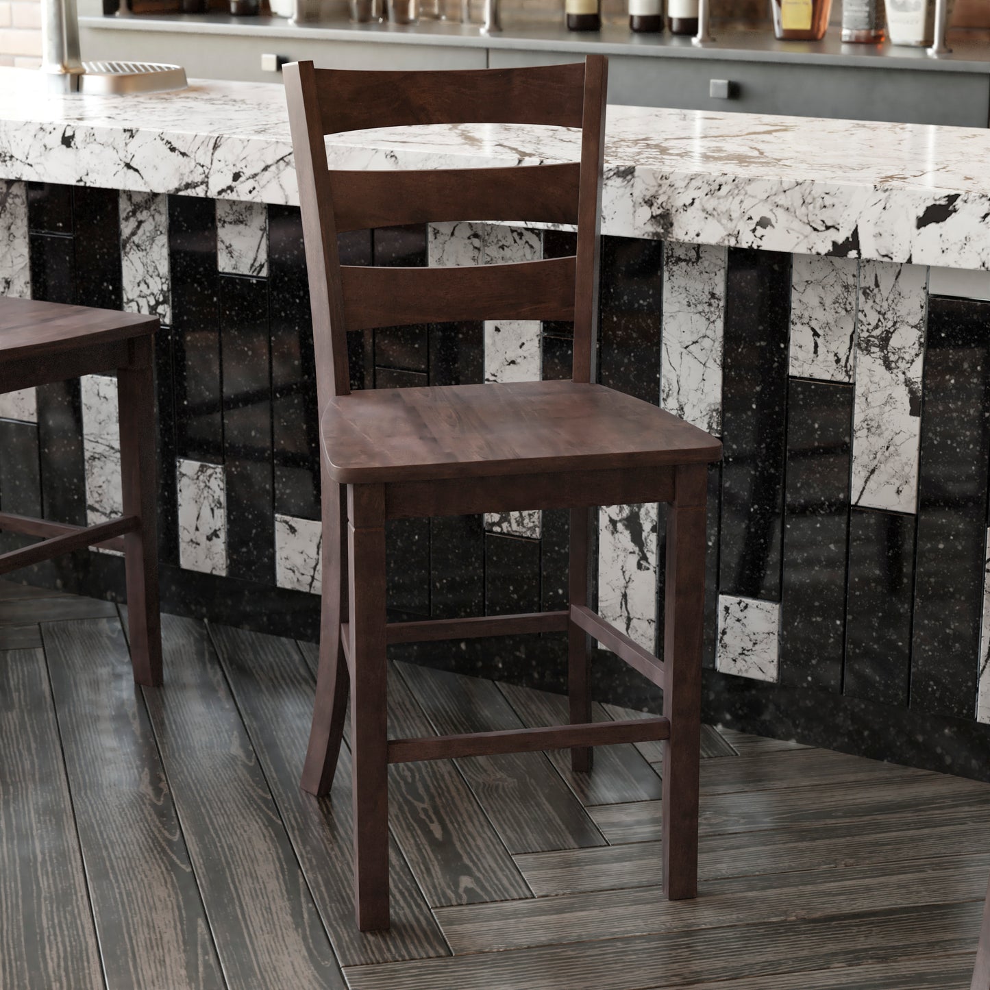 Liesel Set of 2 Commercial Grade Wooden Classic Ladderback Counter Height Barstool with Solid Wood Seat, Gray Wash Walnut Gray Wash Walnut
