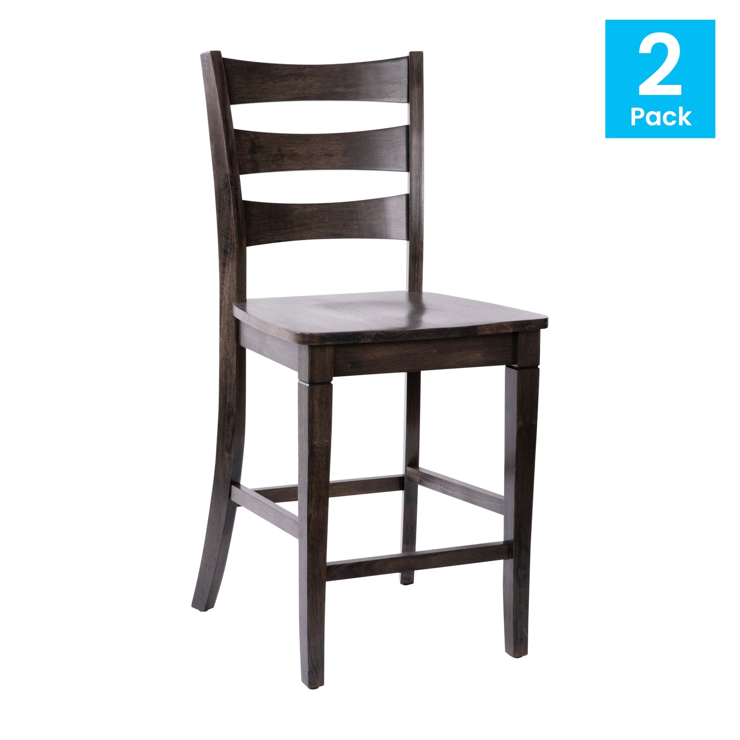 Liesel Set of 2 Commercial Grade Wooden Classic Ladderback Counter Height Barstool with Solid Wood Seat, Gray Wash Walnut Gray Wash Walnut