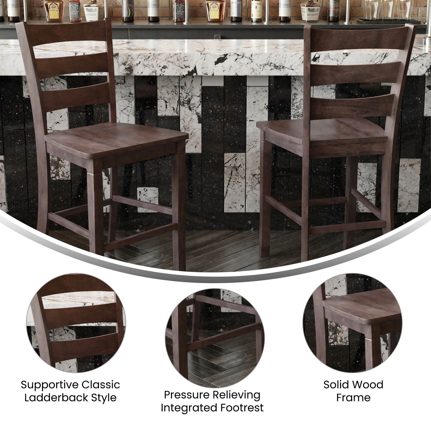Liesel Set of 2 Commercial Grade Wooden Classic Ladderback Counter Height Barstool with Solid Wood Seat, Gray Wash Walnut Gray Wash Walnut