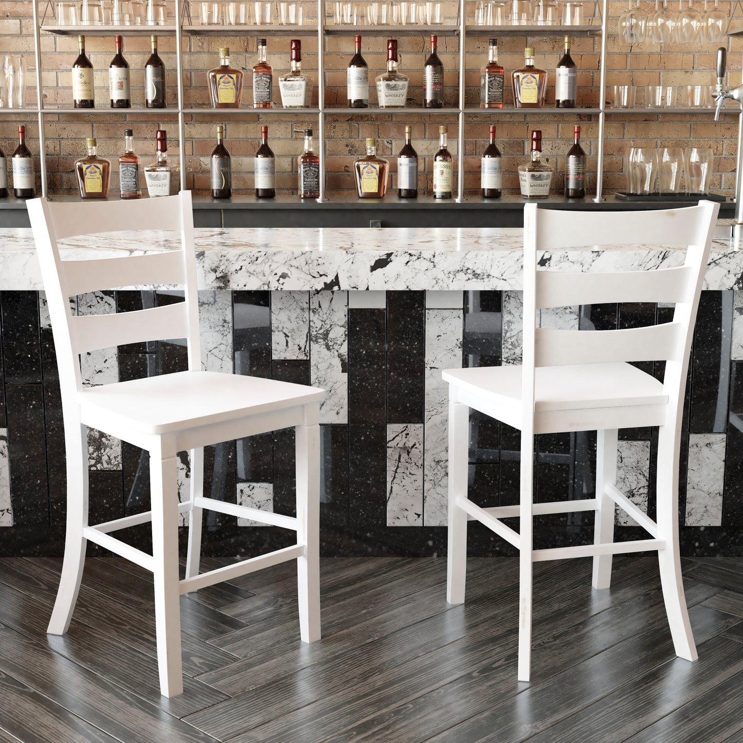 Liesel Set of 2 Commercial Grade Wooden Classic Ladderback Counter Height Barstool with Solid Wood Seat, Antique White Wash White Wash