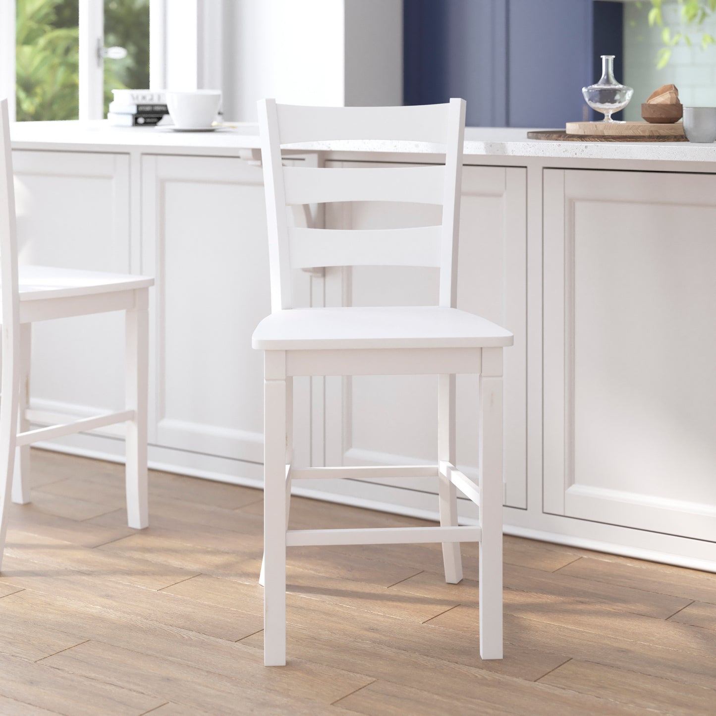 Liesel Set of 2 Commercial Grade Wooden Classic Ladderback Counter Height Barstool with Solid Wood Seat, Antique White Wash White Wash