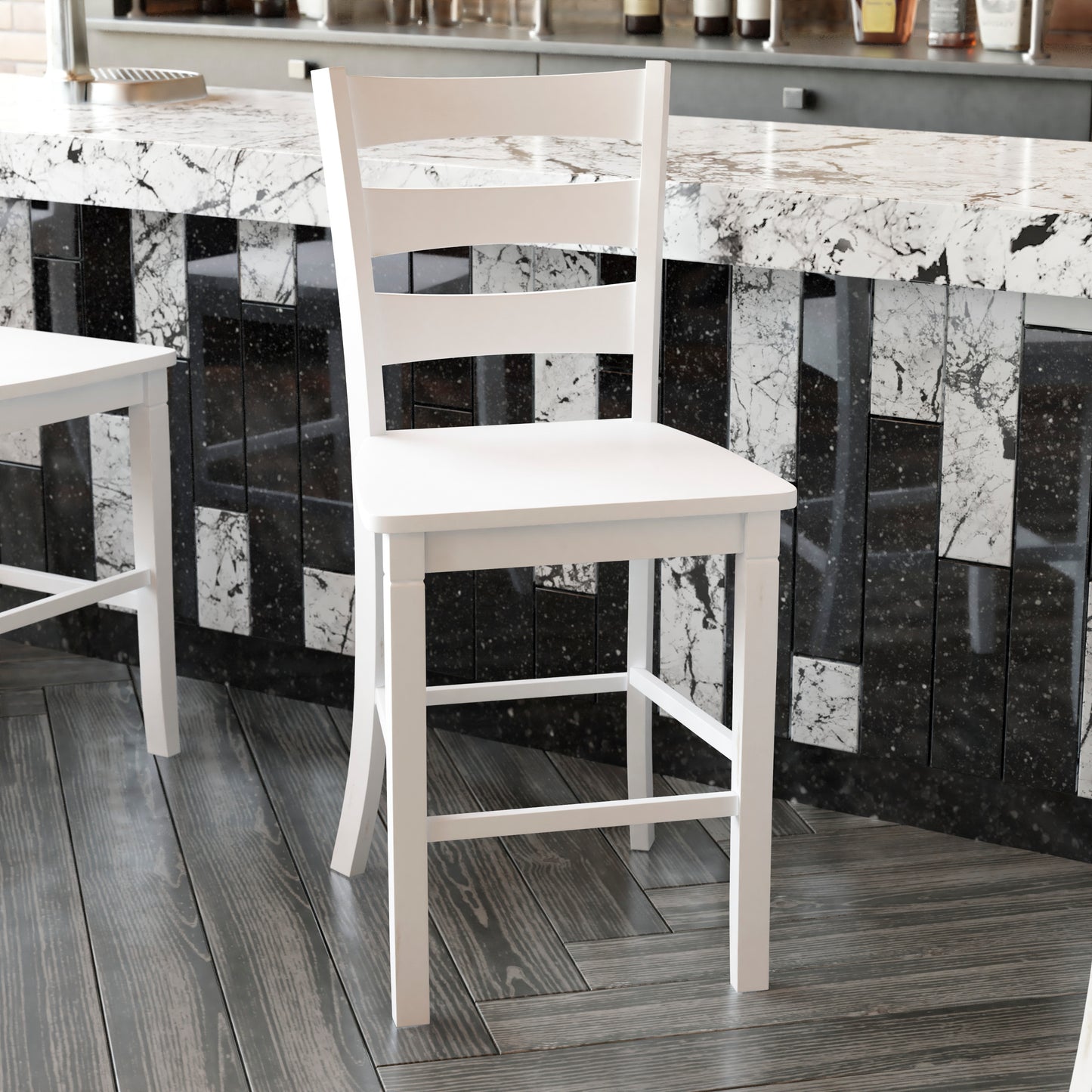 Liesel Set of 2 Commercial Grade Wooden Classic Ladderback Counter Height Barstool with Solid Wood Seat, Antique White Wash White Wash