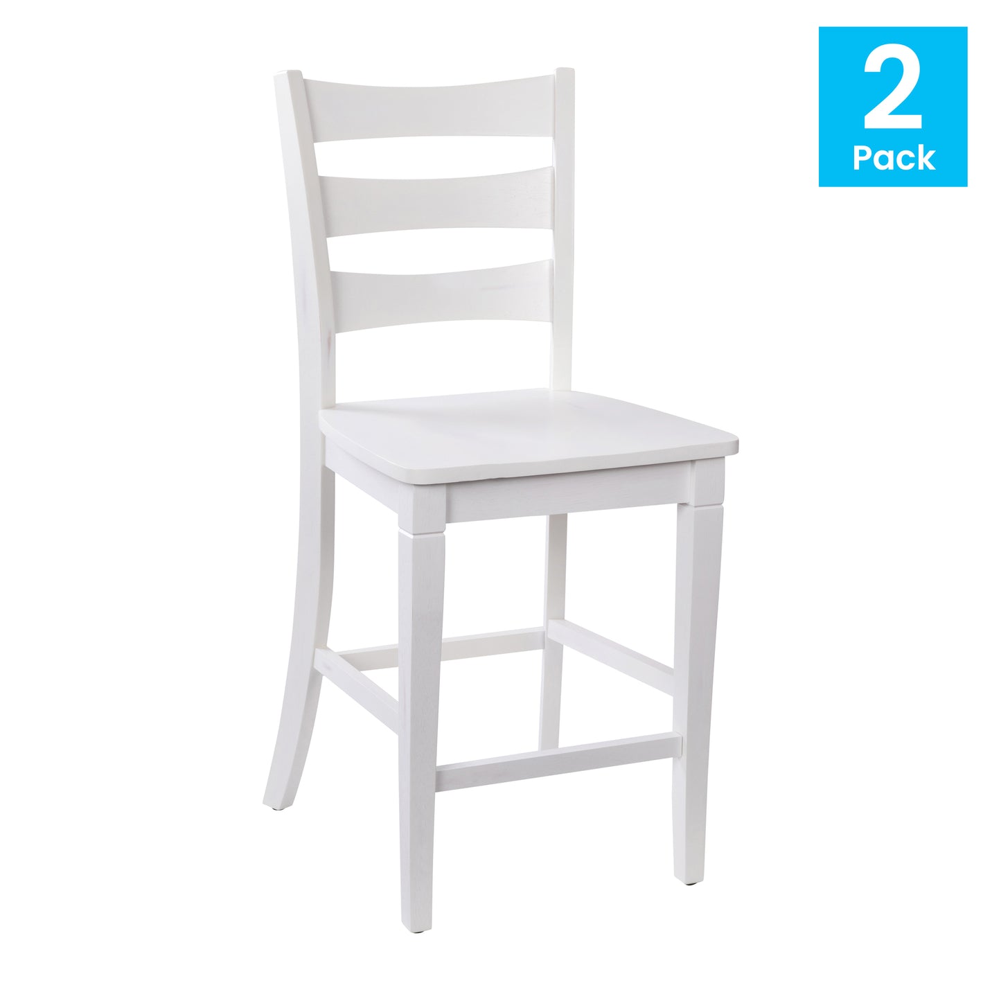 Liesel Set of 2 Commercial Grade Wooden Classic Ladderback Counter Height Barstool with Solid Wood Seat, Antique White Wash White Wash