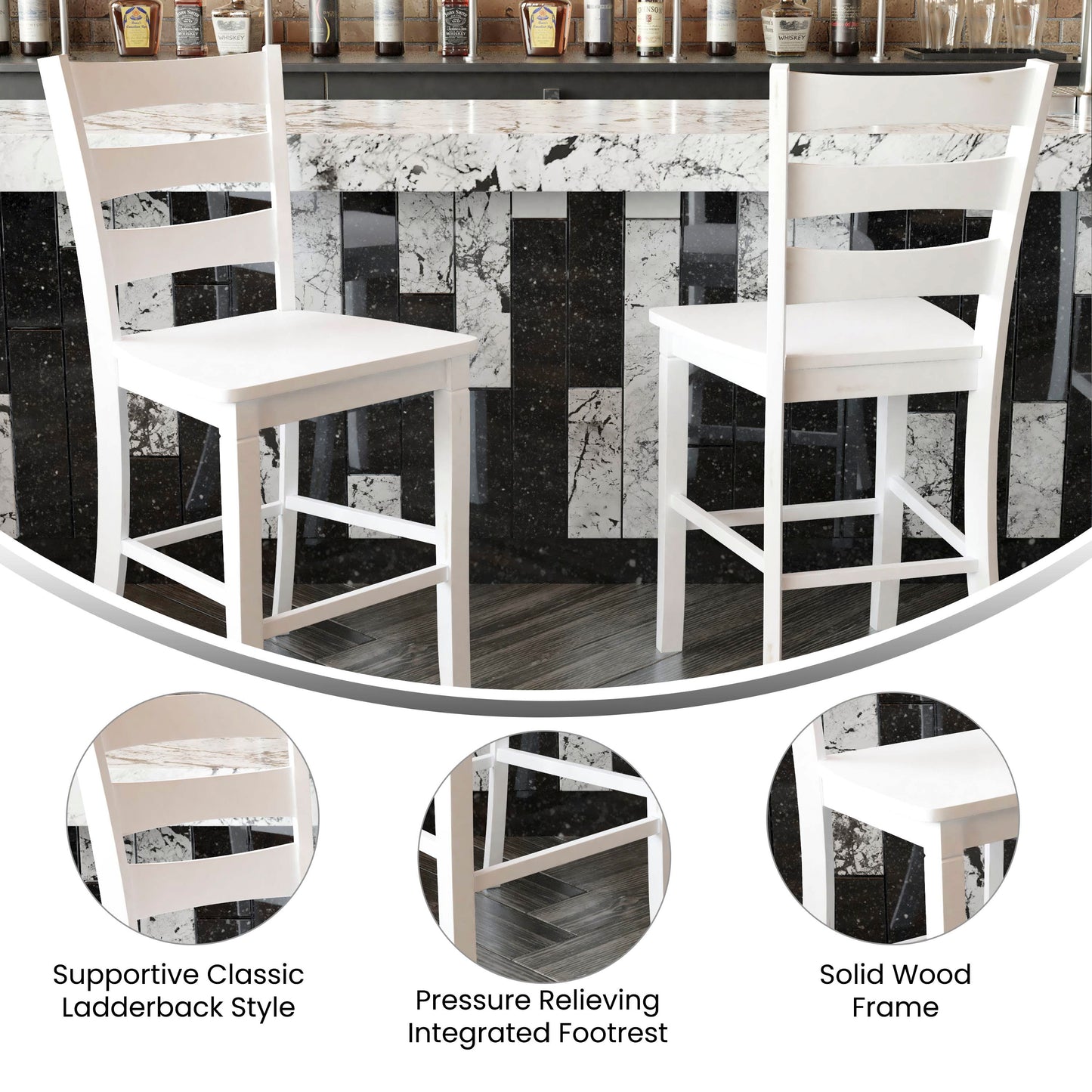 Liesel Set of 2 Commercial Grade Wooden Classic Ladderback Counter Height Barstool with Solid Wood Seat, Antique White Wash White Wash