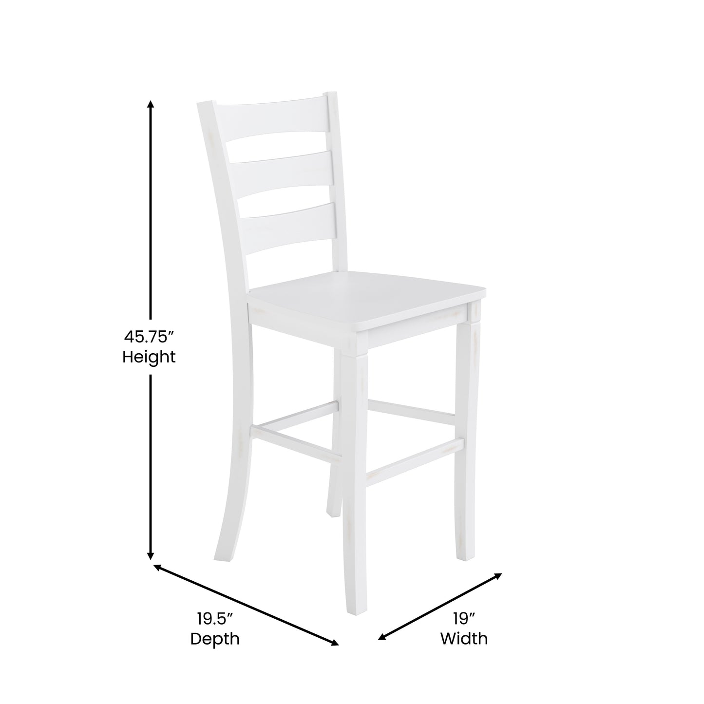 Liesel Set of 2 Commercial Grade Wooden Classic Ladderback Bar Height Barstool with Solid Wood Seat, Antique White Wash White Wash