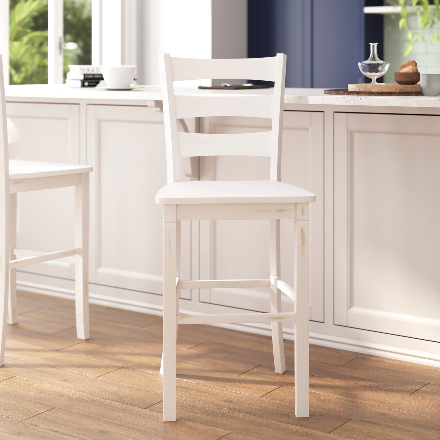 Liesel Set of 2 Commercial Grade Wooden Classic Ladderback Bar Height Barstool with Solid Wood Seat, Antique White Wash White Wash