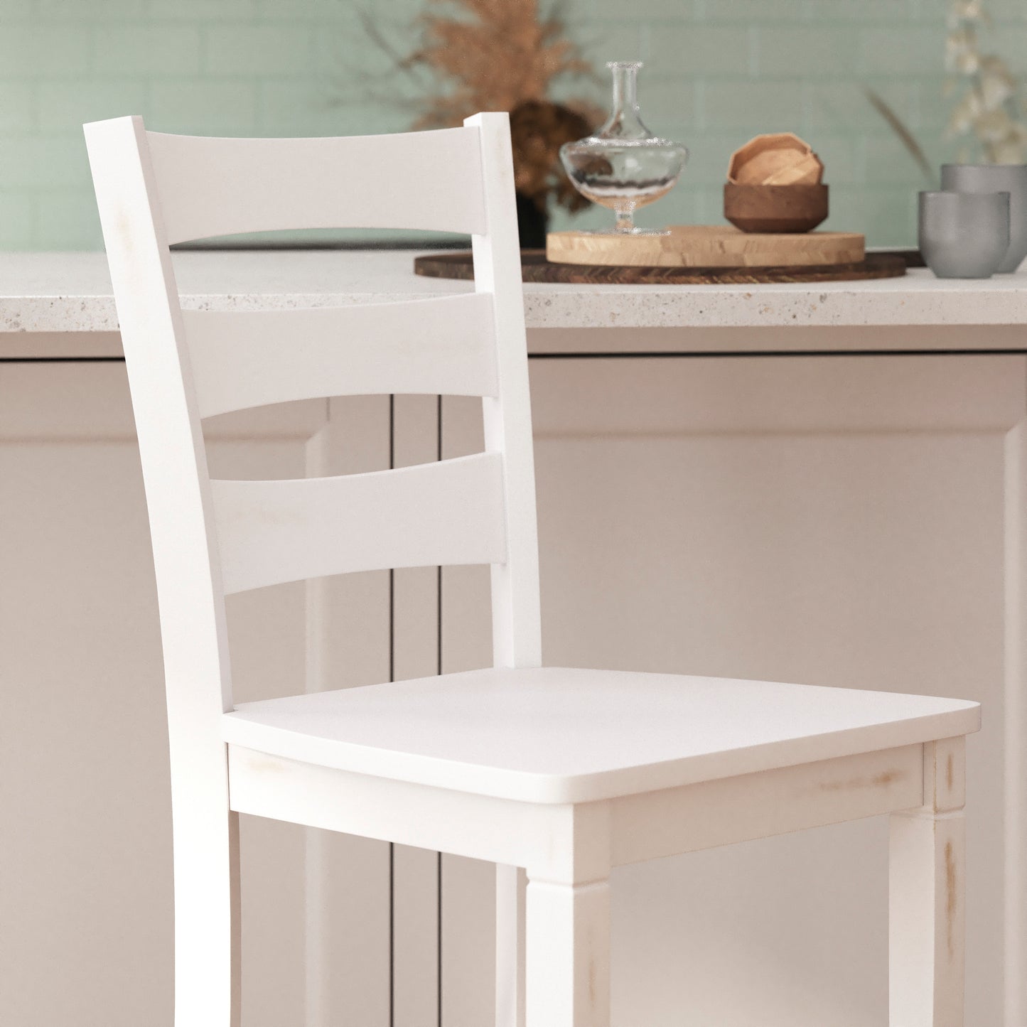Liesel Set of 2 Commercial Grade Wooden Classic Ladderback Bar Height Barstool with Solid Wood Seat, Antique White Wash White Wash