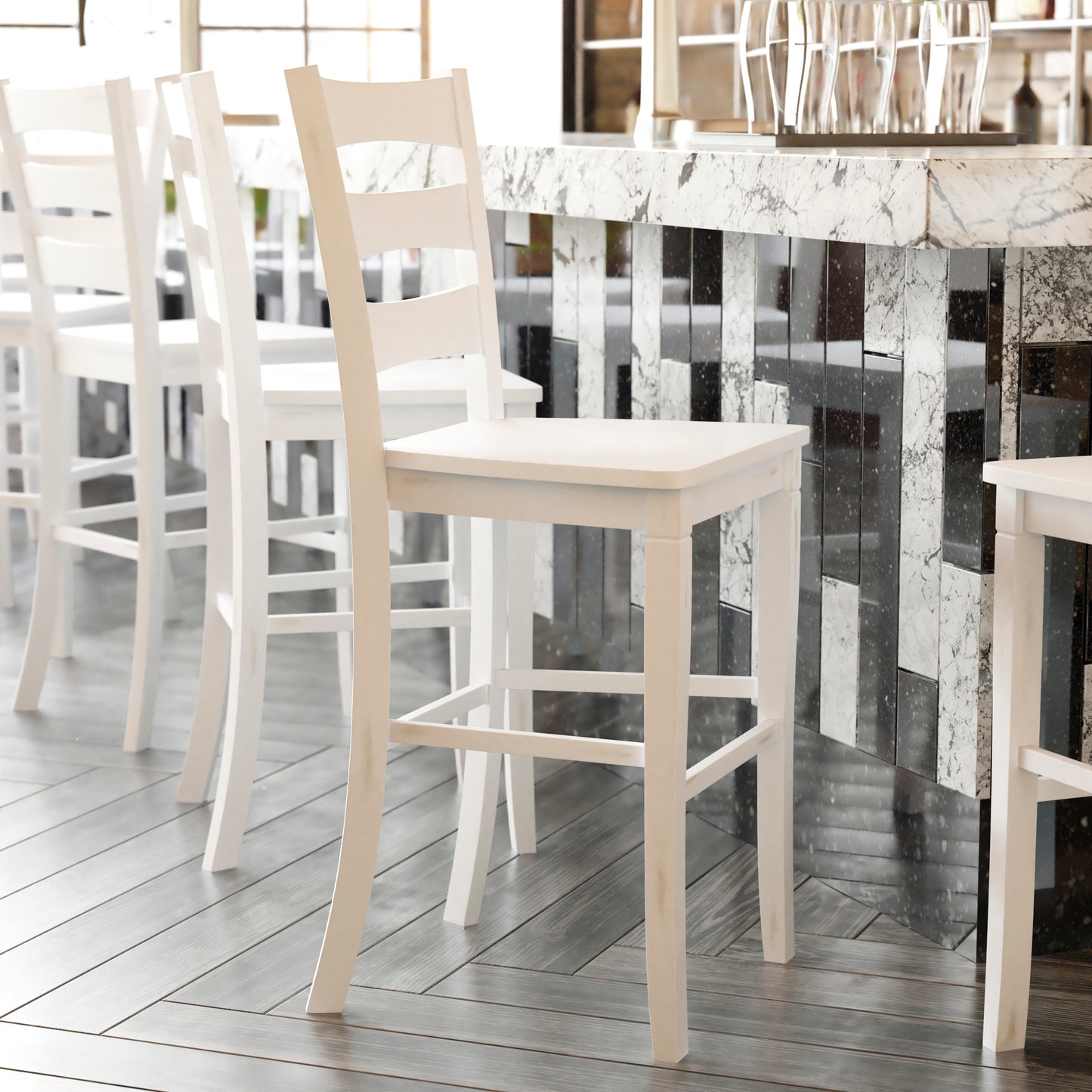 Liesel Set of 2 Commercial Grade Wooden Classic Ladderback Bar Height Barstool with Solid Wood Seat, Antique White Wash White Wash