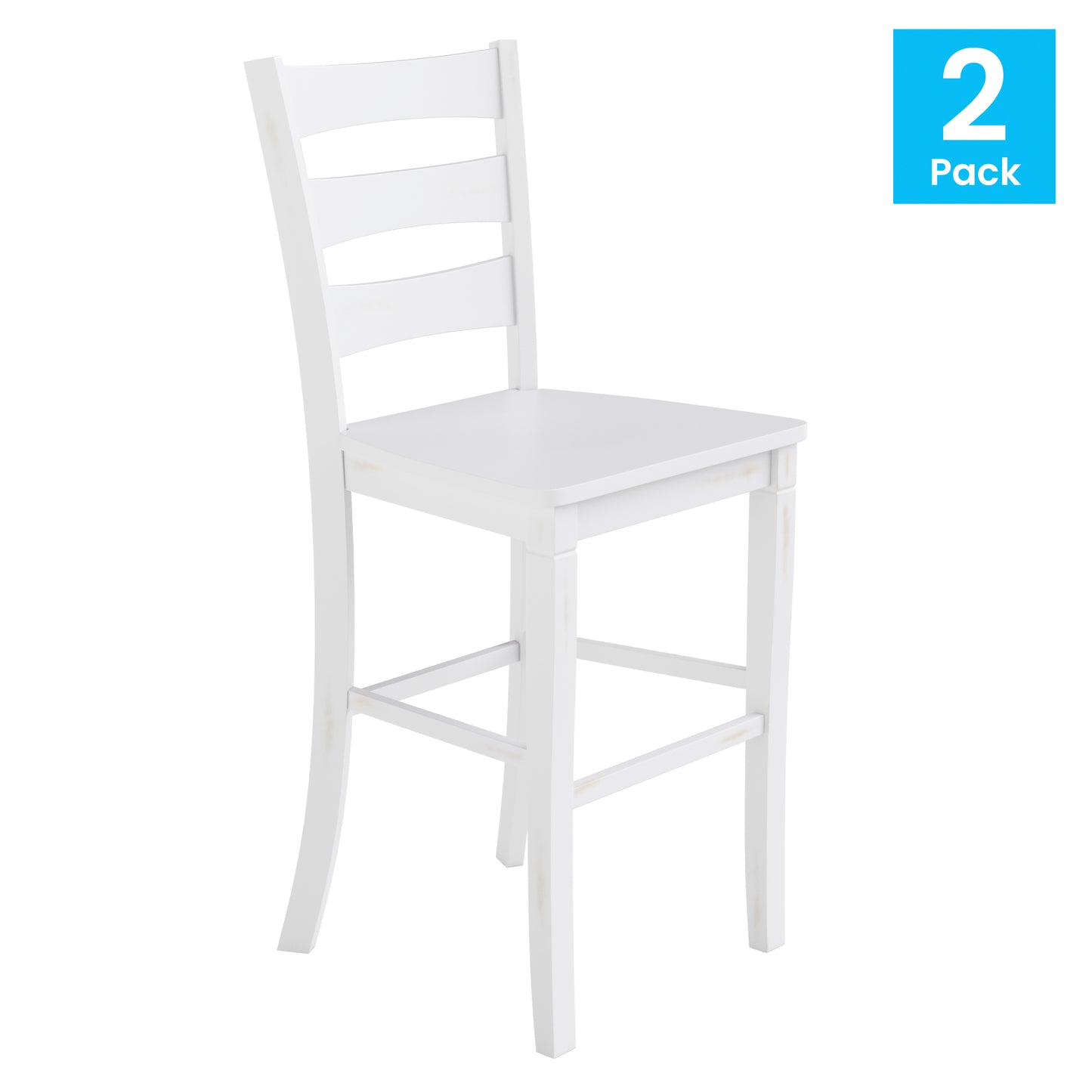 Liesel Set of 2 Commercial Grade Wooden Classic Ladderback Bar Height Barstool with Solid Wood Seat, Antique White Wash White Wash