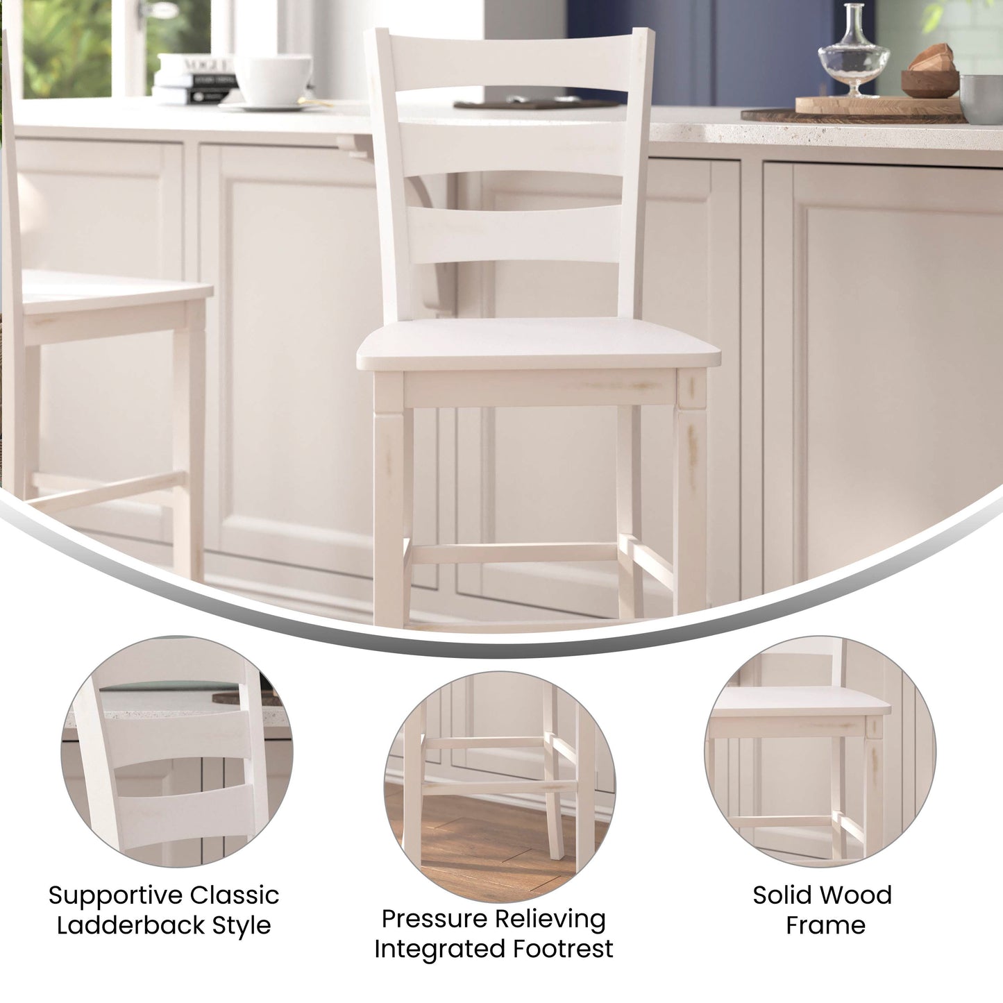 Liesel Set of 2 Commercial Grade Wooden Classic Ladderback Bar Height Barstool with Solid Wood Seat, Antique White Wash White Wash