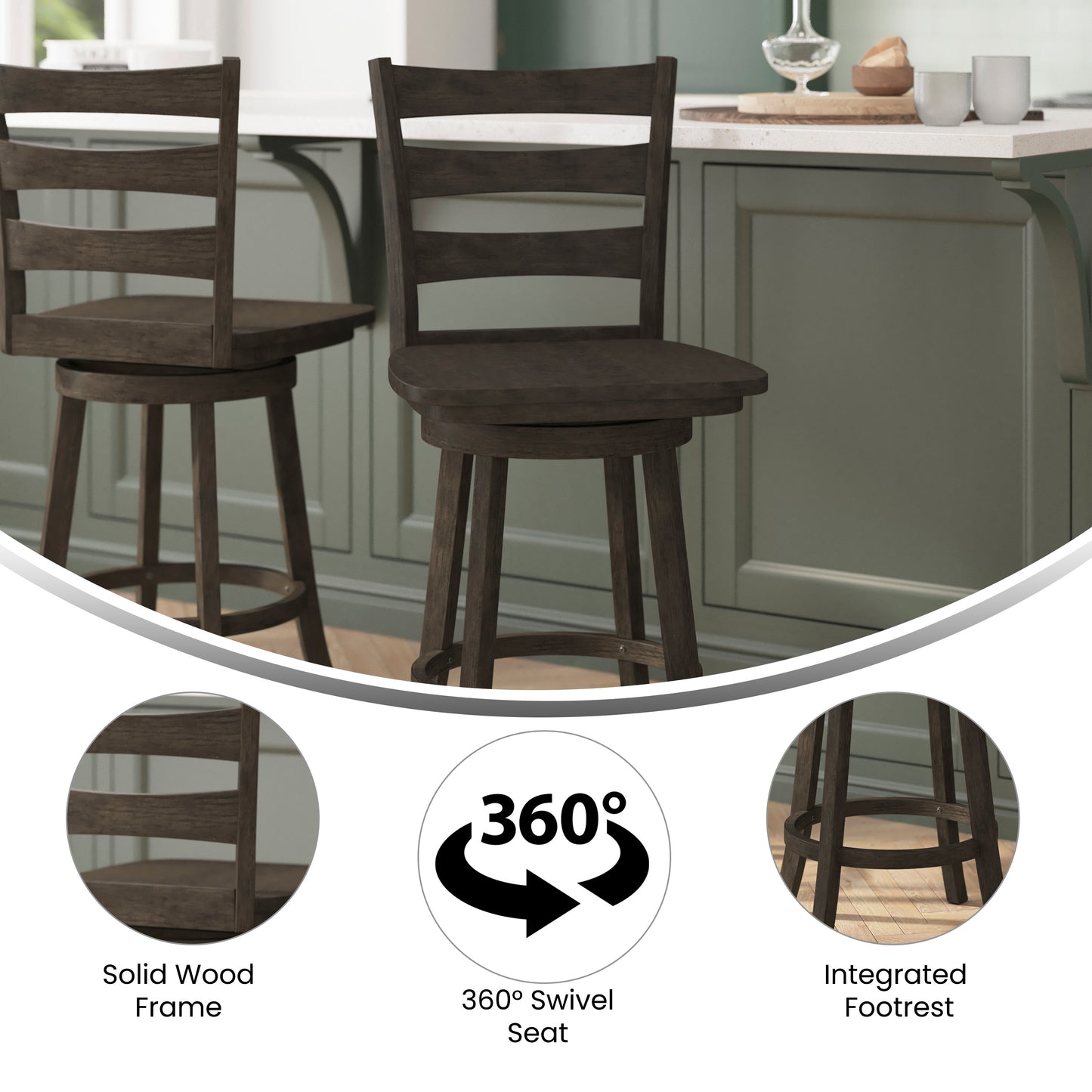 Liesel Commercial Grade Wooden Classic Ladderback Swivel Counter Height Barstool with Solid Wood Seat, Gray Wash Walnut Gray Wash Walnut ES-UN-31WS-24-GY-GG