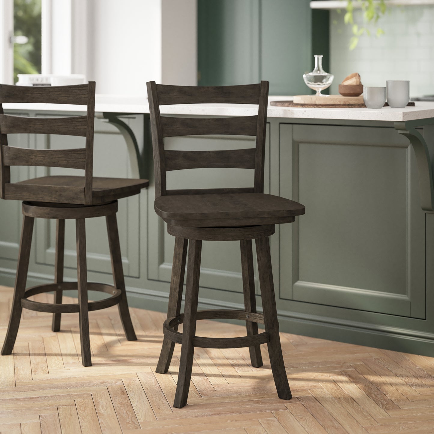 Liesel Commercial Grade Wooden Classic Ladderback Swivel Counter Height Barstool with Solid Wood Seat, Gray Wash Walnut Gray Wash Walnut ES-UN-31WS-24-GY-GG