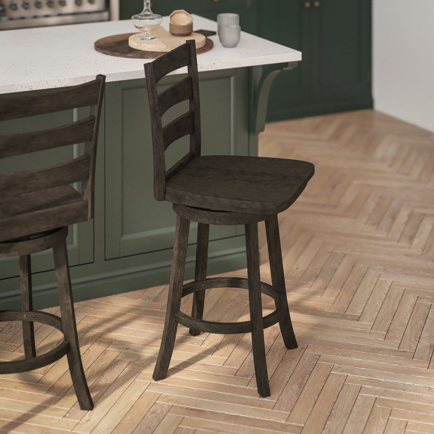 Liesel Commercial Grade Wooden Classic Ladderback Swivel Counter Height Barstool with Solid Wood Seat, Gray Wash Walnut Gray Wash Walnut ES-UN-31WS-24-GY-GG