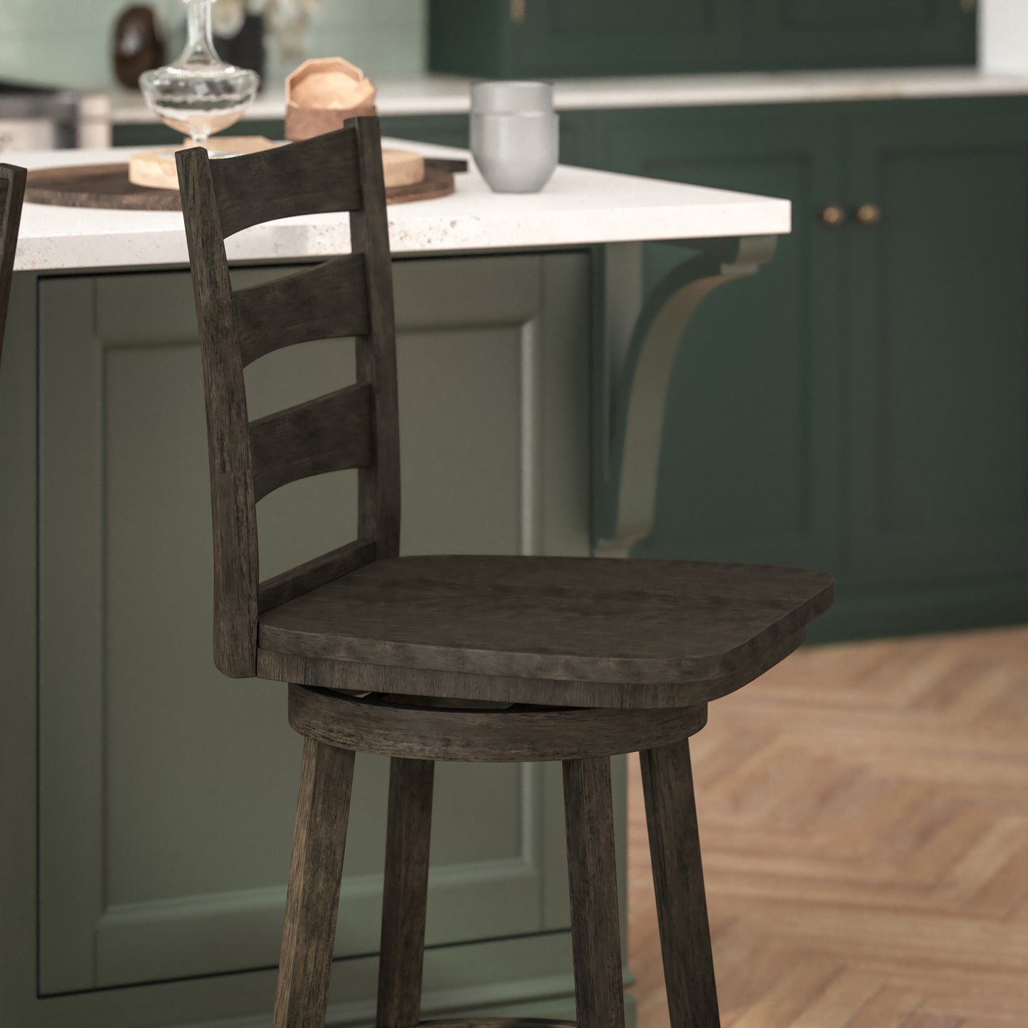 Liesel Commercial Grade Wooden Classic Ladderback Swivel Counter Height Barstool with Solid Wood Seat, Gray Wash Walnut Gray Wash Walnut ES-UN-31WS-24-GY-GG