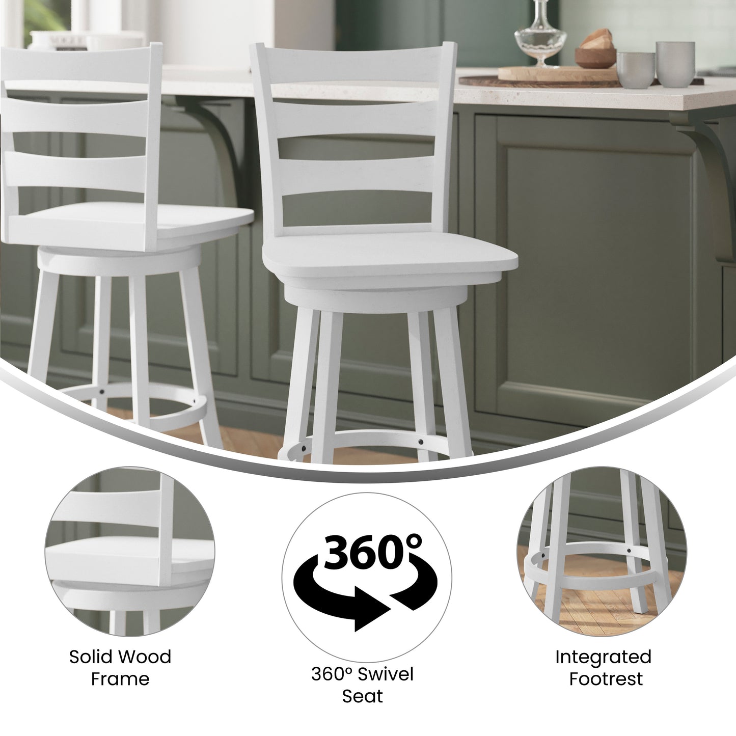 Liesel Commercial Grade Wooden Classic Ladderback Swivel Counter Height Barstool with Solid Wood Seat, Antique White Wash White Wash