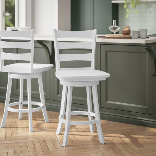 Liesel Commercial Grade Wooden Classic Ladderback Swivel Counter Height Barstool with Solid Wood Seat, Antique White Wash White Wash