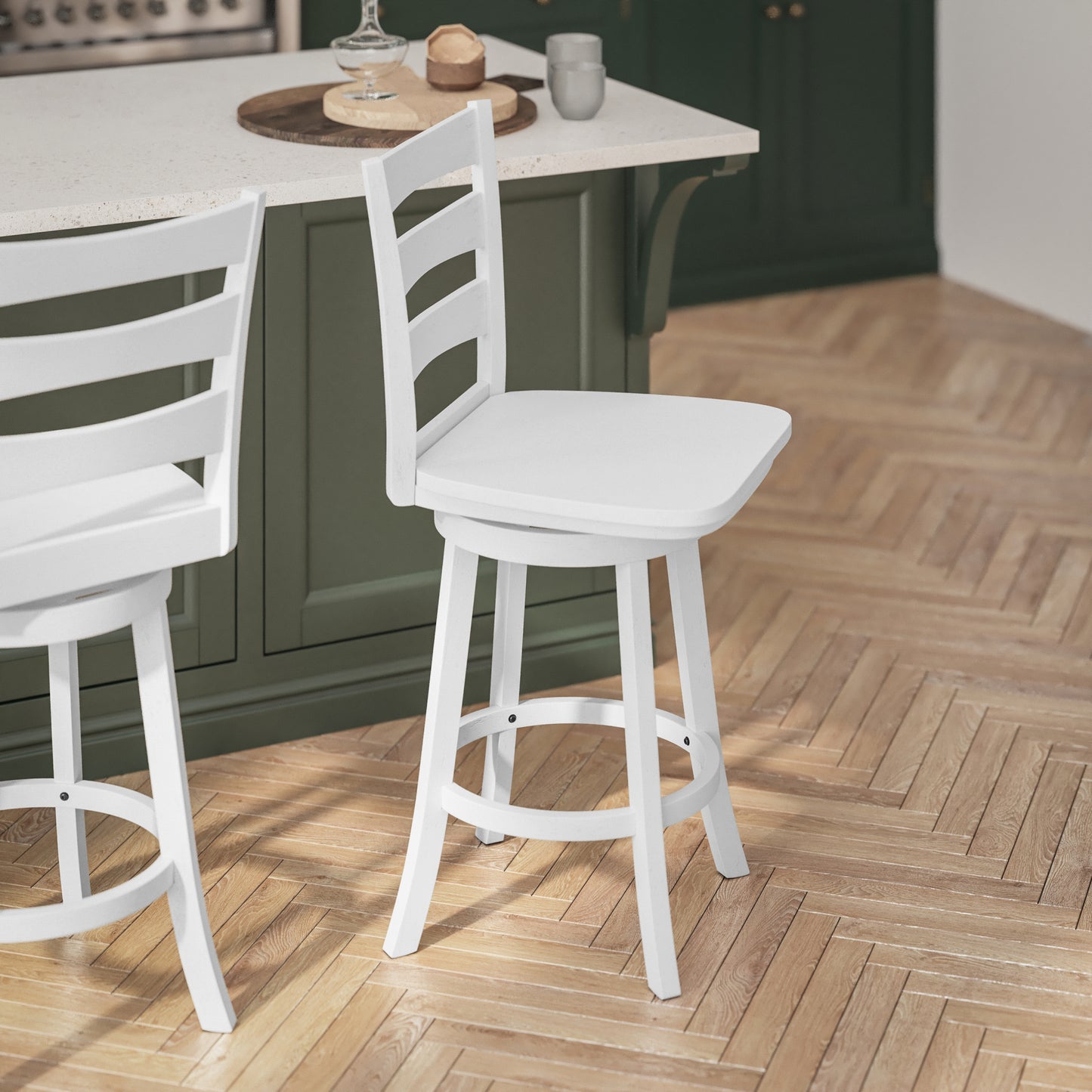 Liesel Commercial Grade Wooden Classic Ladderback Swivel Counter Height Barstool with Solid Wood Seat, Antique White Wash White Wash