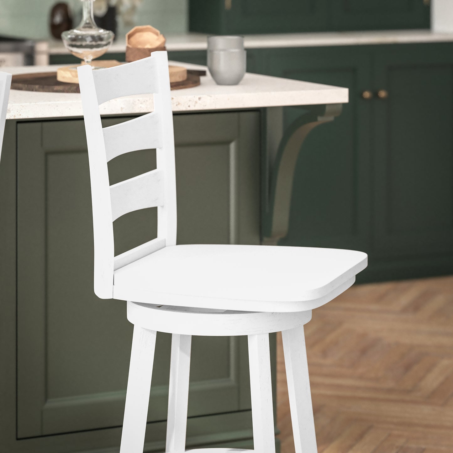 Liesel Commercial Grade Wooden Classic Ladderback Swivel Counter Height Barstool with Solid Wood Seat, Antique White Wash White Wash