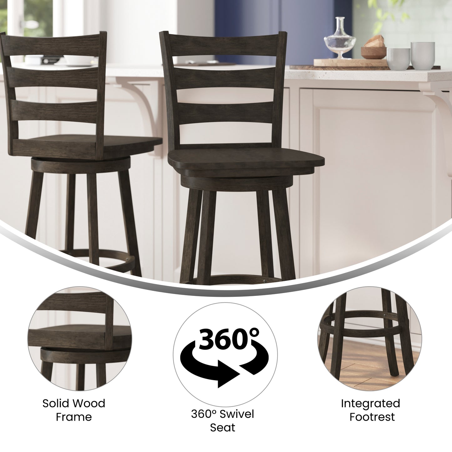 Liesel Commercial Grade Wooden Classic Ladderback Swivel Bar Height Barstool with Solid Wood Seat, Gray Wash Walnut Gray Wash Walnut