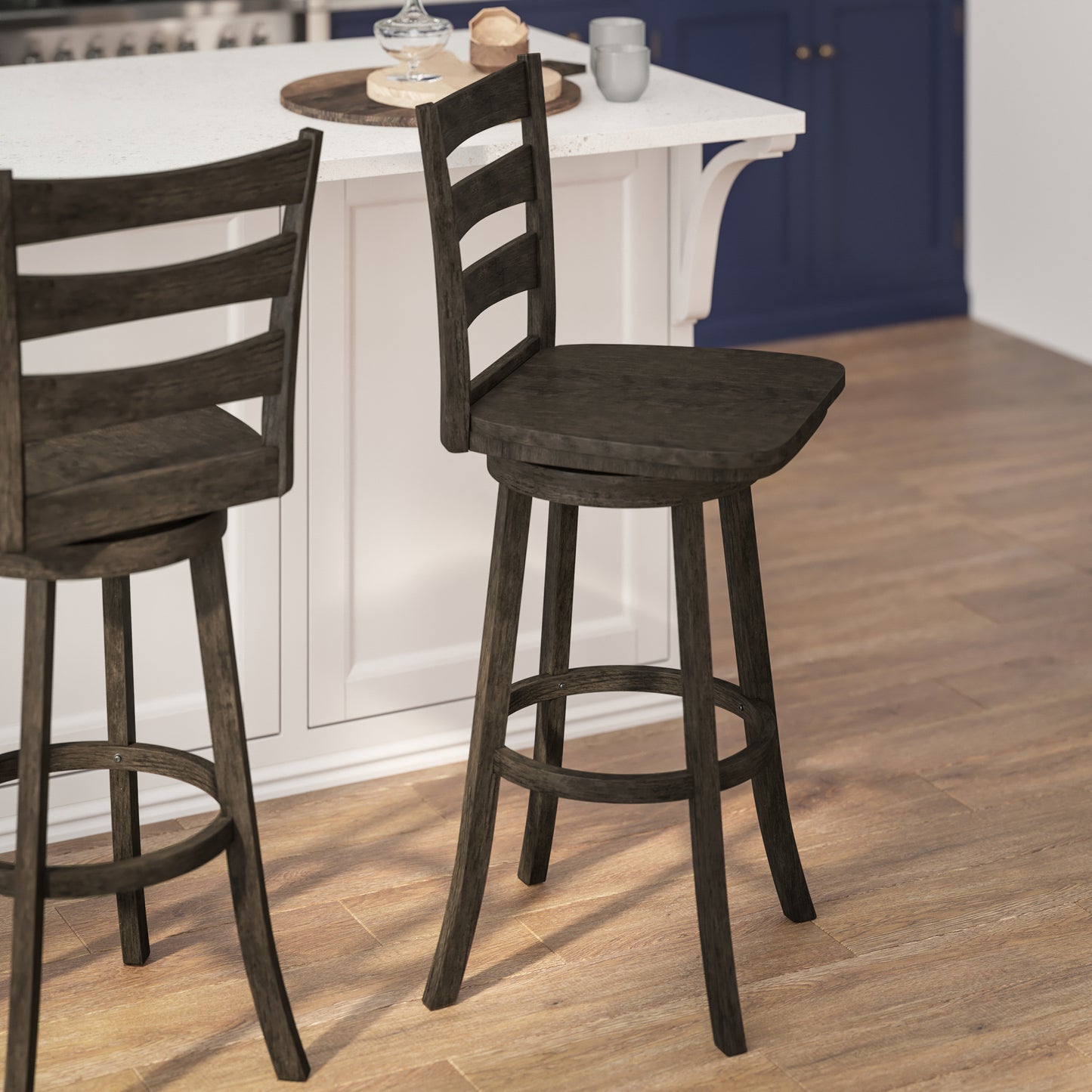 Liesel Commercial Grade Wooden Classic Ladderback Swivel Bar Height Barstool with Solid Wood Seat, Gray Wash Walnut Gray Wash Walnut