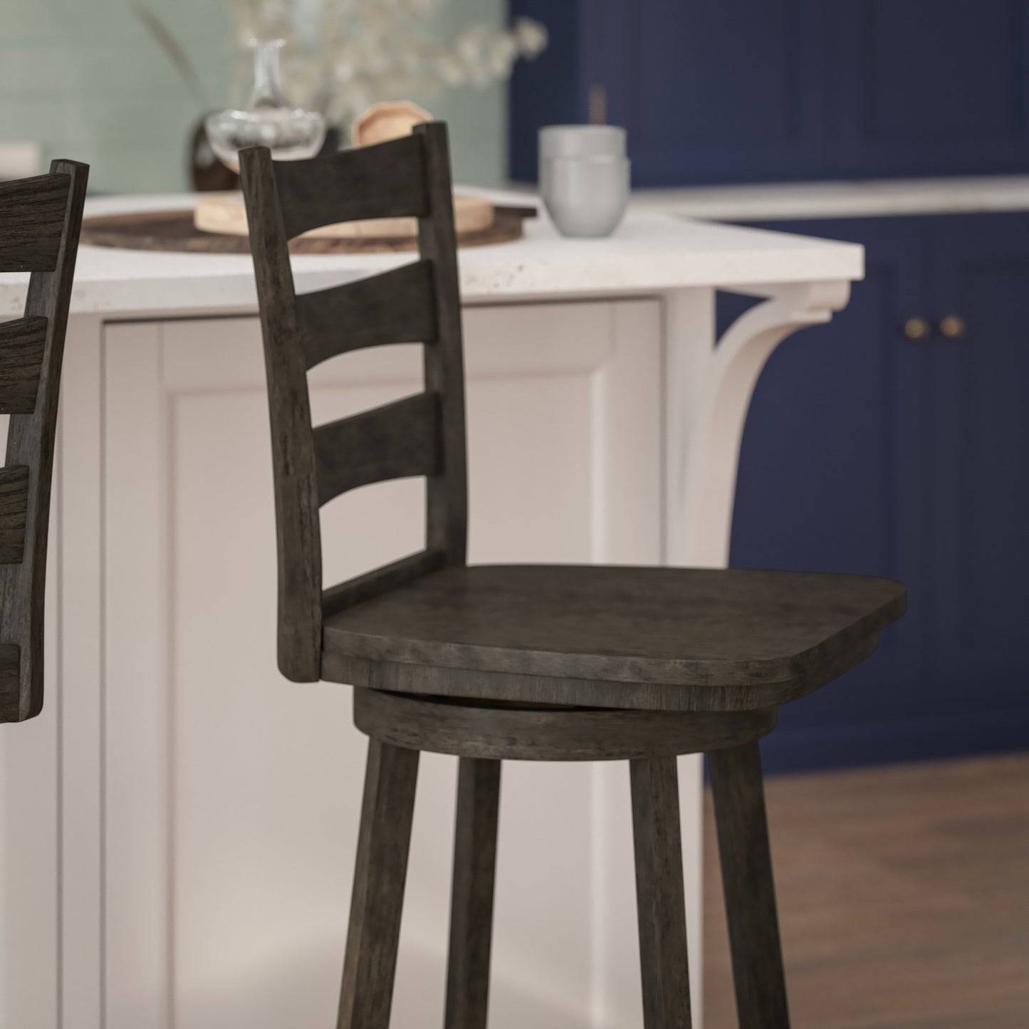 Liesel Commercial Grade Wooden Classic Ladderback Swivel Bar Height Barstool with Solid Wood Seat, Gray Wash Walnut Gray Wash Walnut