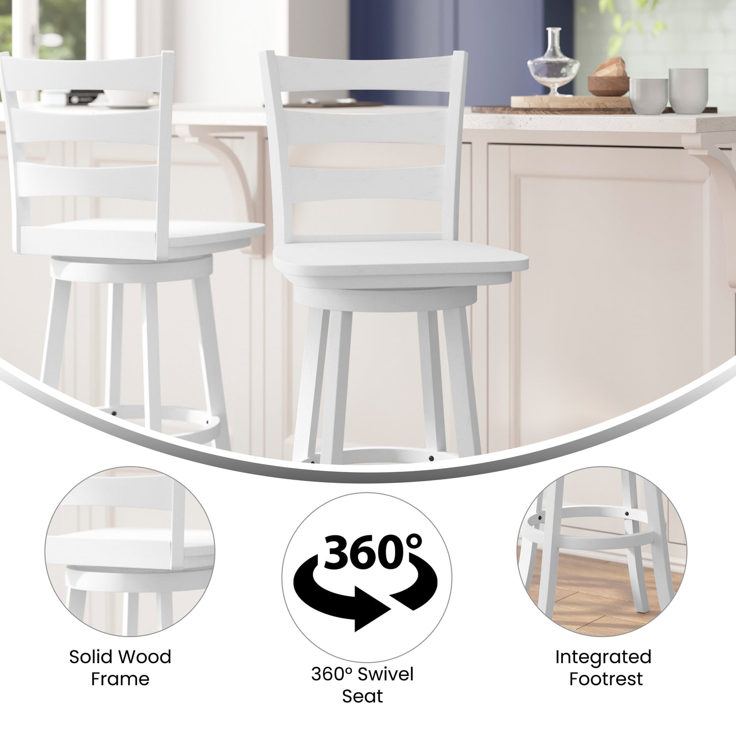 Liesel Commercial Grade Wooden Classic Ladderback Swivel Bar Height Barstool with Solid Wood Seat, Antique White Wash White Wash