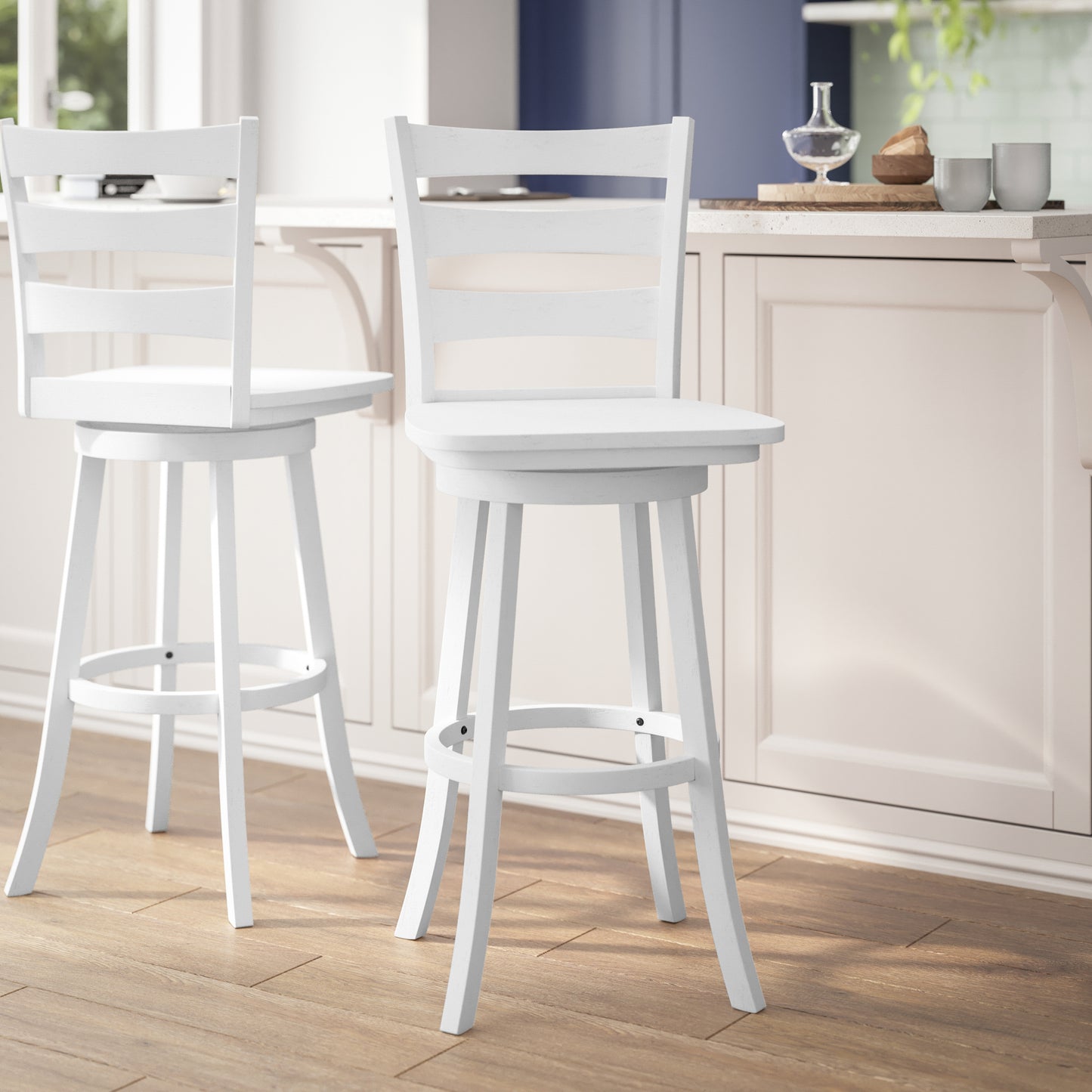 Liesel Commercial Grade Wooden Classic Ladderback Swivel Bar Height Barstool with Solid Wood Seat, Antique White Wash White Wash