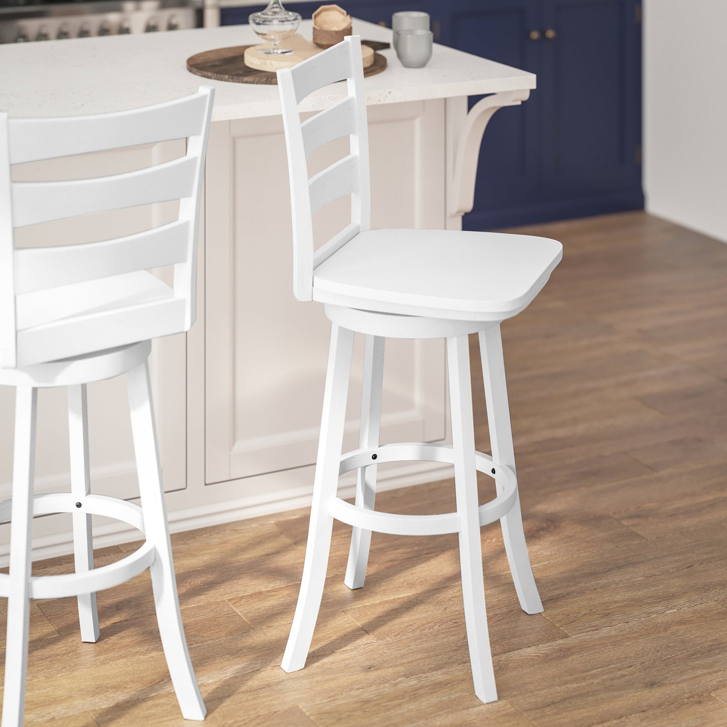 Liesel Commercial Grade Wooden Classic Ladderback Swivel Bar Height Barstool with Solid Wood Seat, Antique White Wash White Wash