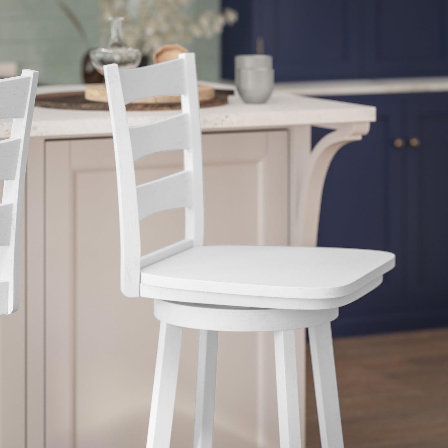 Liesel Commercial Grade Wooden Classic Ladderback Swivel Bar Height Barstool with Solid Wood Seat, Antique White Wash White Wash