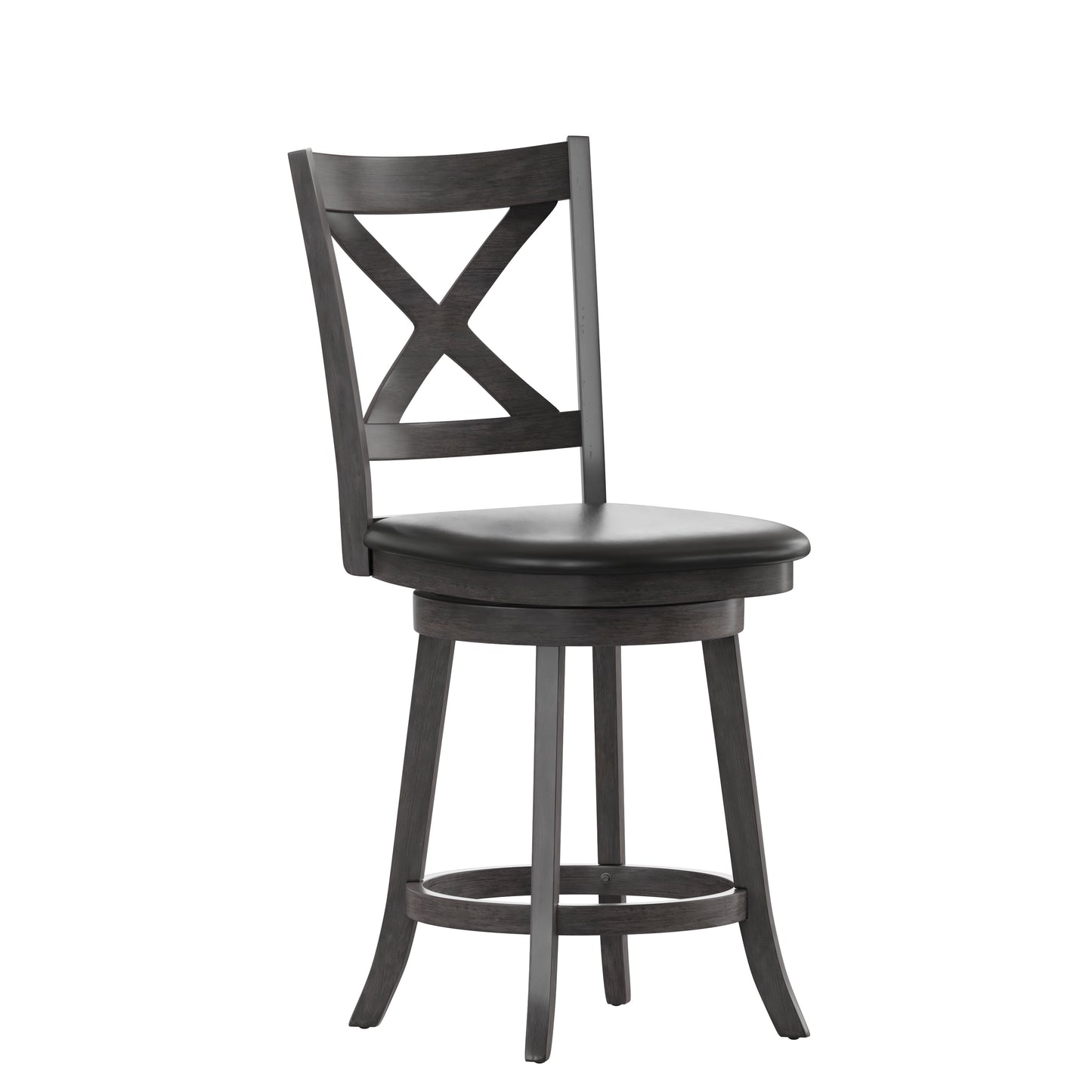 Felicity Commercial Grade Wood Classic Crossback Swivel Counter Height Barstool with Padded Black LeatherSoft Seat, Gray Wash Walnut Black Vinyl/Gray Wash Walnut Frame ES-UN1-24-GY-GG