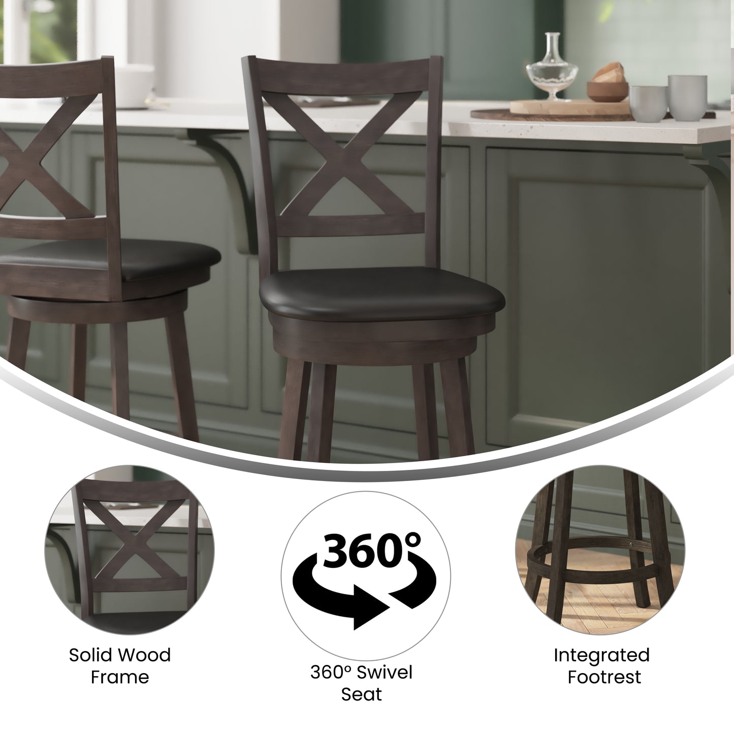 Felicity Commercial Grade Wood Classic Crossback Swivel Counter Height Barstool with Padded Black LeatherSoft Seat, Gray Wash Walnut Black Vinyl/Gray Wash Walnut Frame ES-UN1-24-GY-GG