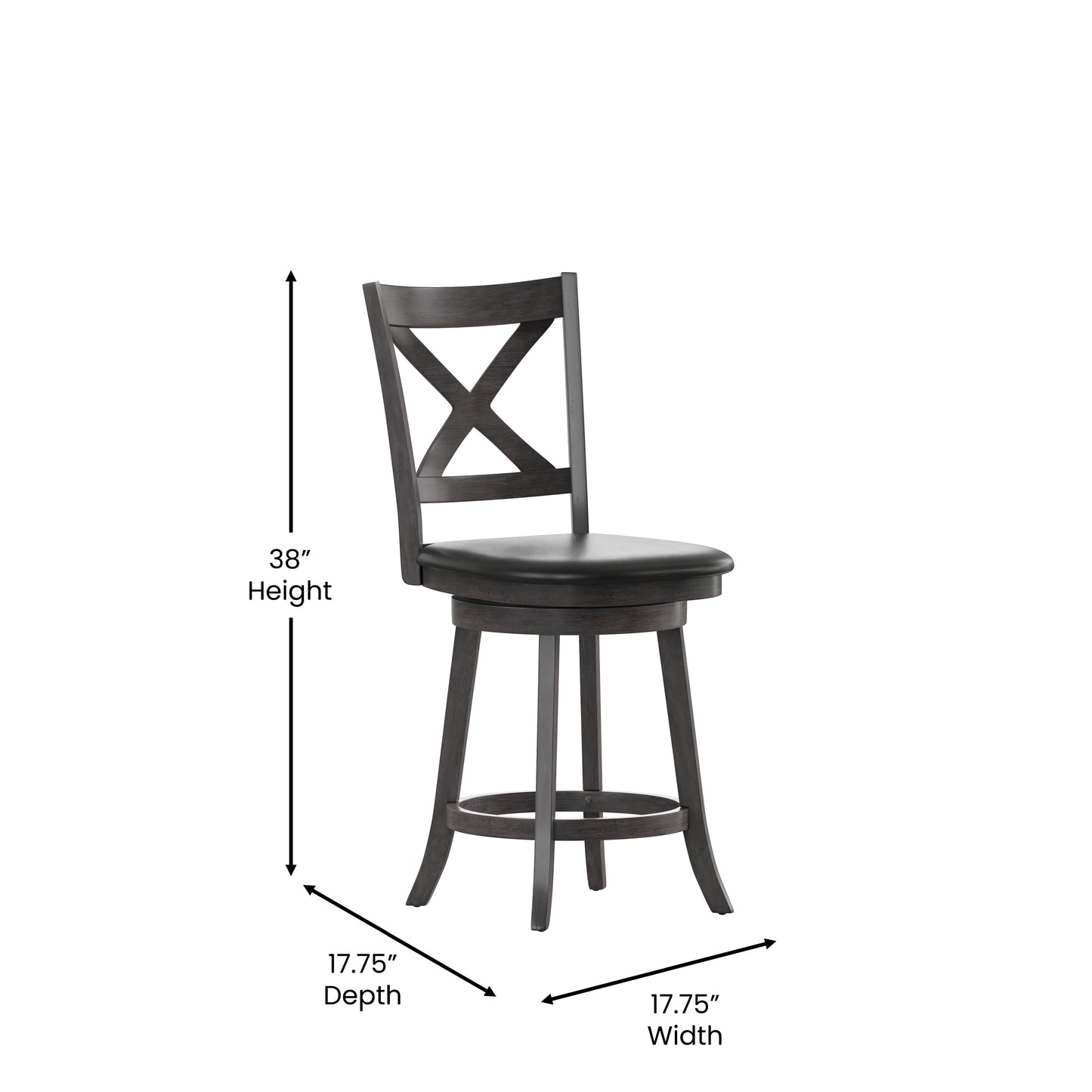 Felicity Commercial Grade Wood Classic Crossback Swivel Counter Height Barstool with Padded Black LeatherSoft Seat, Gray Wash Walnut Black Vinyl/Gray Wash Walnut Frame ES-UN1-24-GY-GG