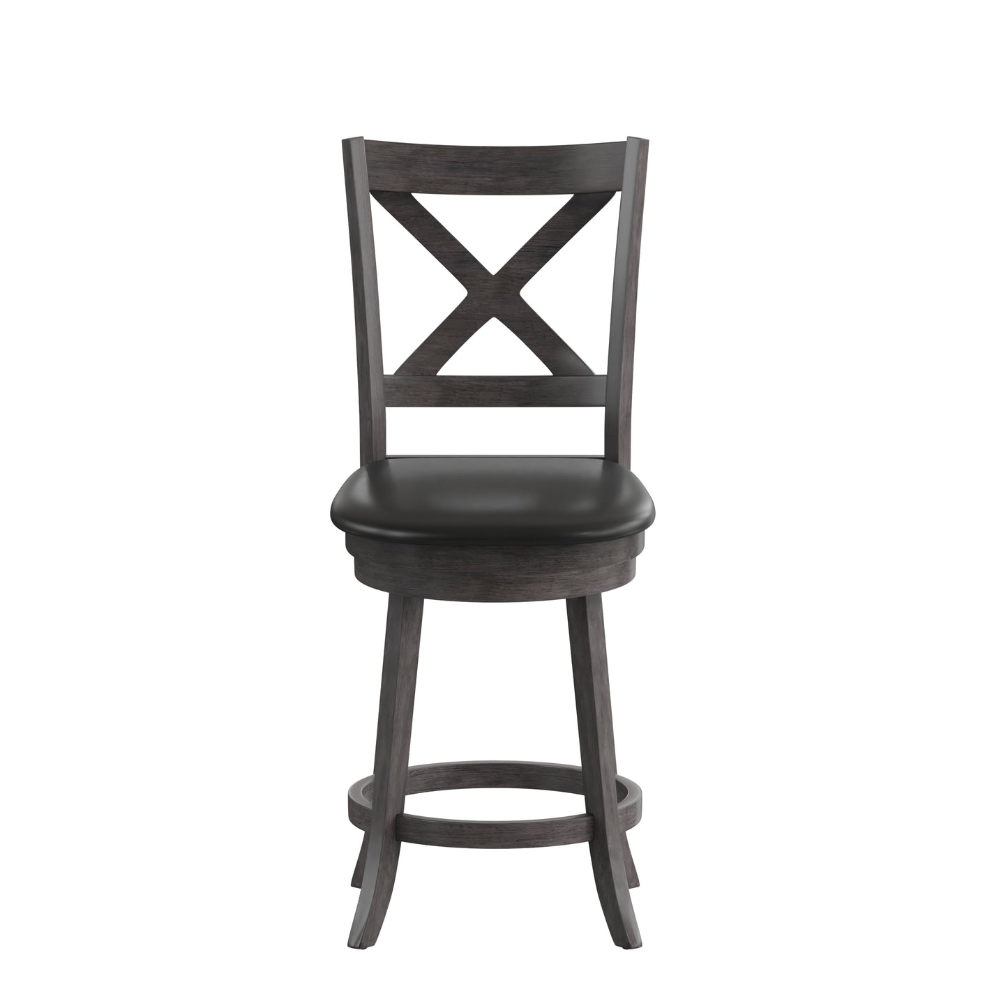 Felicity Commercial Grade Wood Classic Crossback Swivel Counter Height Barstool with Padded Black LeatherSoft Seat, Gray Wash Walnut Black Vinyl/Gray Wash Walnut Frame ES-UN1-24-GY-GG