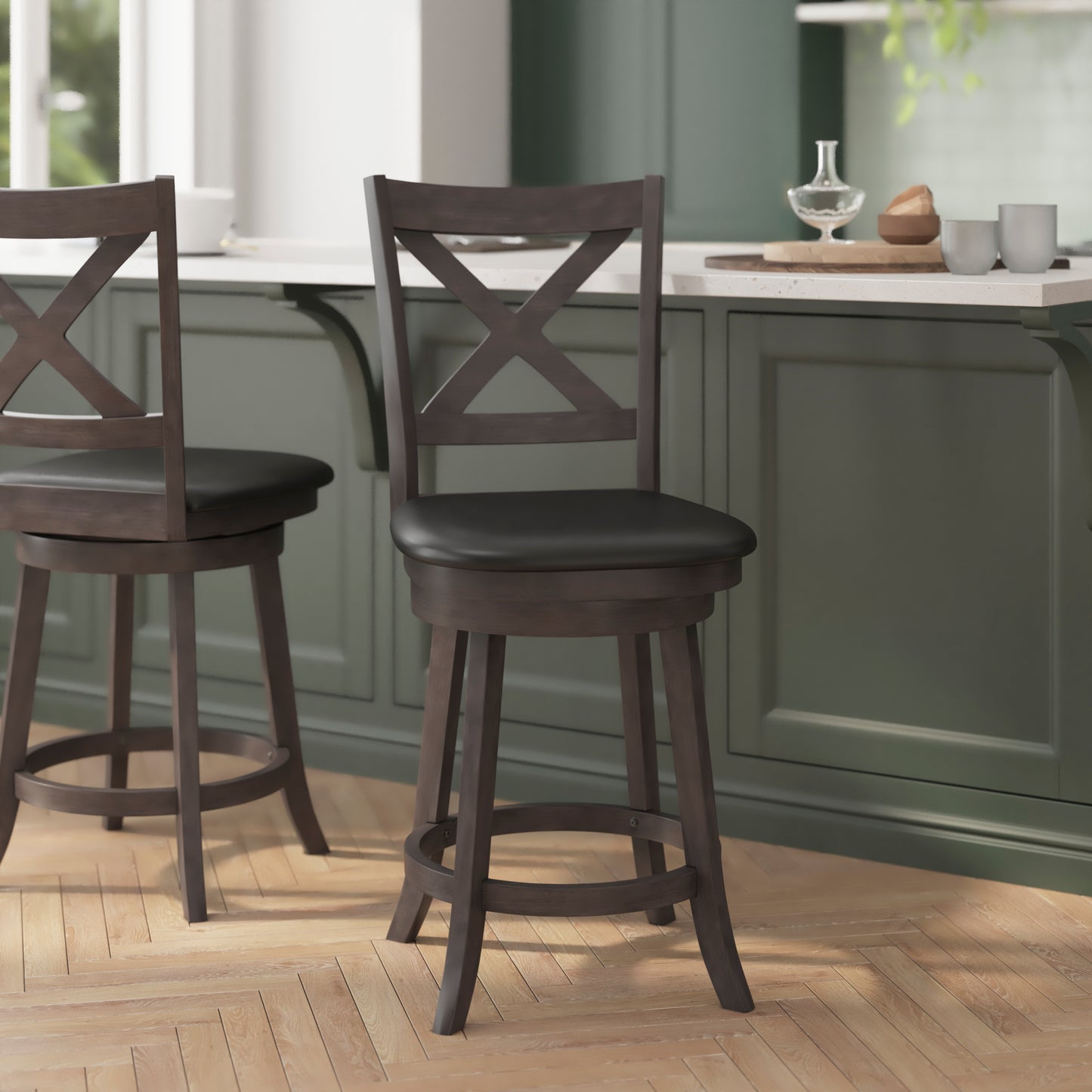 Felicity Commercial Grade Wood Classic Crossback Swivel Counter Height Barstool with Padded Black LeatherSoft Seat, Gray Wash Walnut Black Vinyl/Gray Wash Walnut Frame ES-UN1-24-GY-GG
