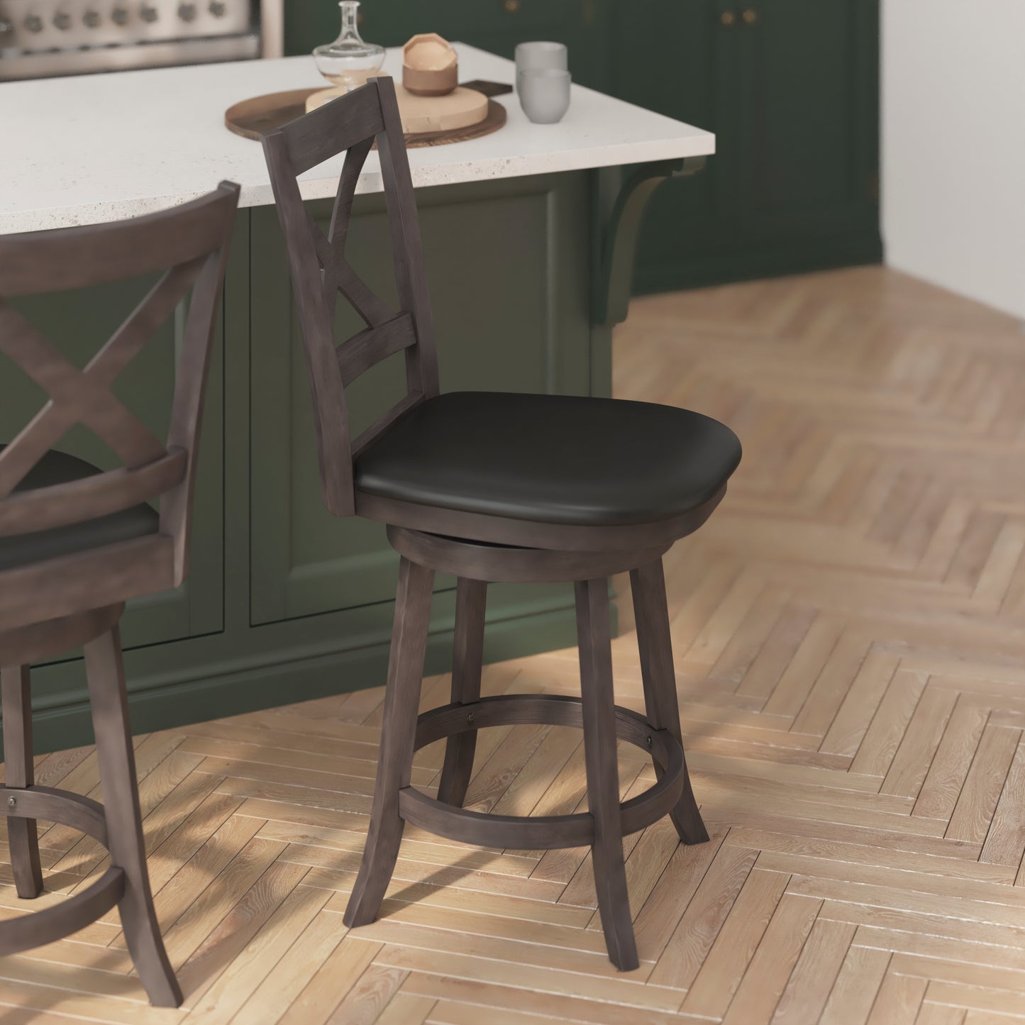 Felicity Commercial Grade Wood Classic Crossback Swivel Counter Height Barstool with Padded Black LeatherSoft Seat, Gray Wash Walnut Black Vinyl/Gray Wash Walnut Frame ES-UN1-24-GY-GG