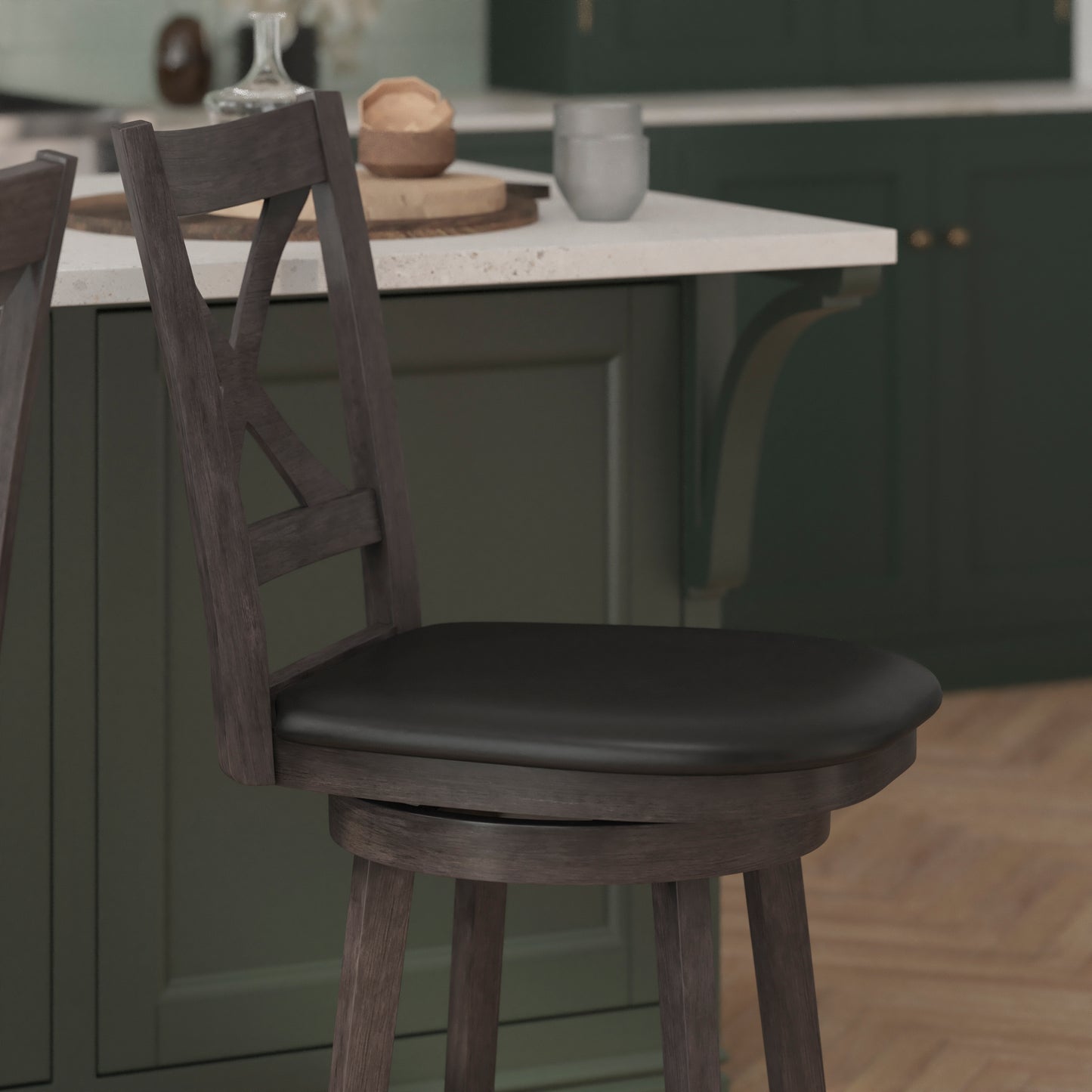 Felicity Commercial Grade Wood Classic Crossback Swivel Counter Height Barstool with Padded Black LeatherSoft Seat, Gray Wash Walnut Black Vinyl/Gray Wash Walnut Frame ES-UN1-24-GY-GG