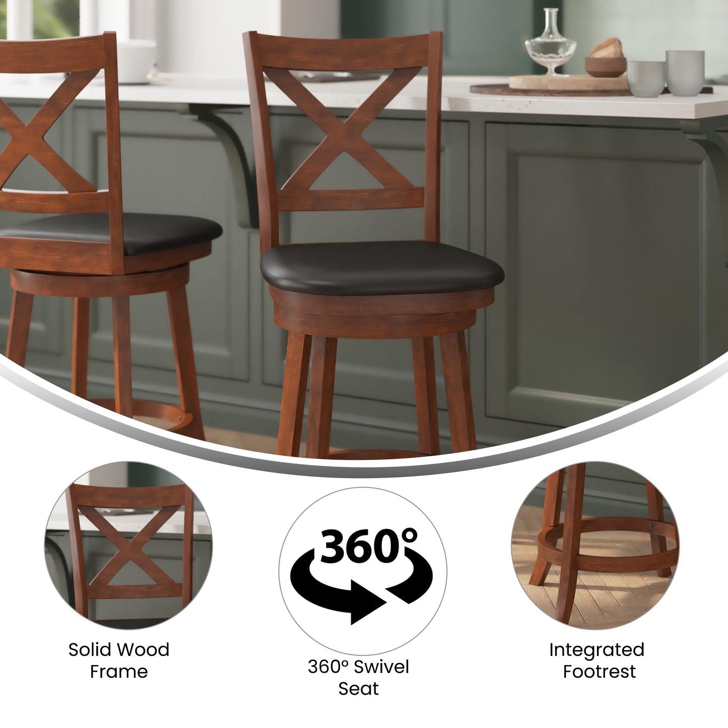 Felicity Commercial Grade Wood Classic Crossback Swivel Counter Height Barstool with Padded Black LeatherSoft Seat, Antique Oak Black Vinyl/Antique Oak Frame