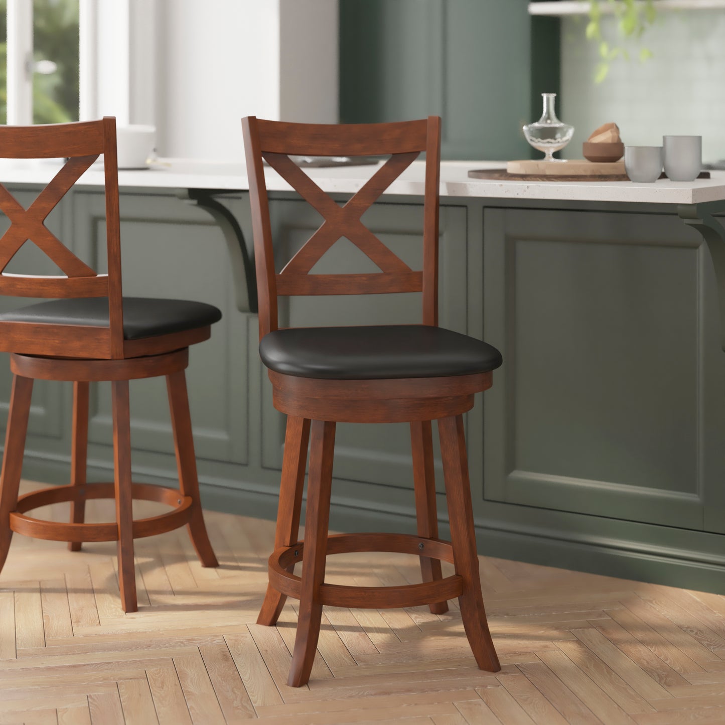 Felicity Commercial Grade Wood Classic Crossback Swivel Counter Height Barstool with Padded Black LeatherSoft Seat, Antique Oak Black Vinyl/Antique Oak Frame