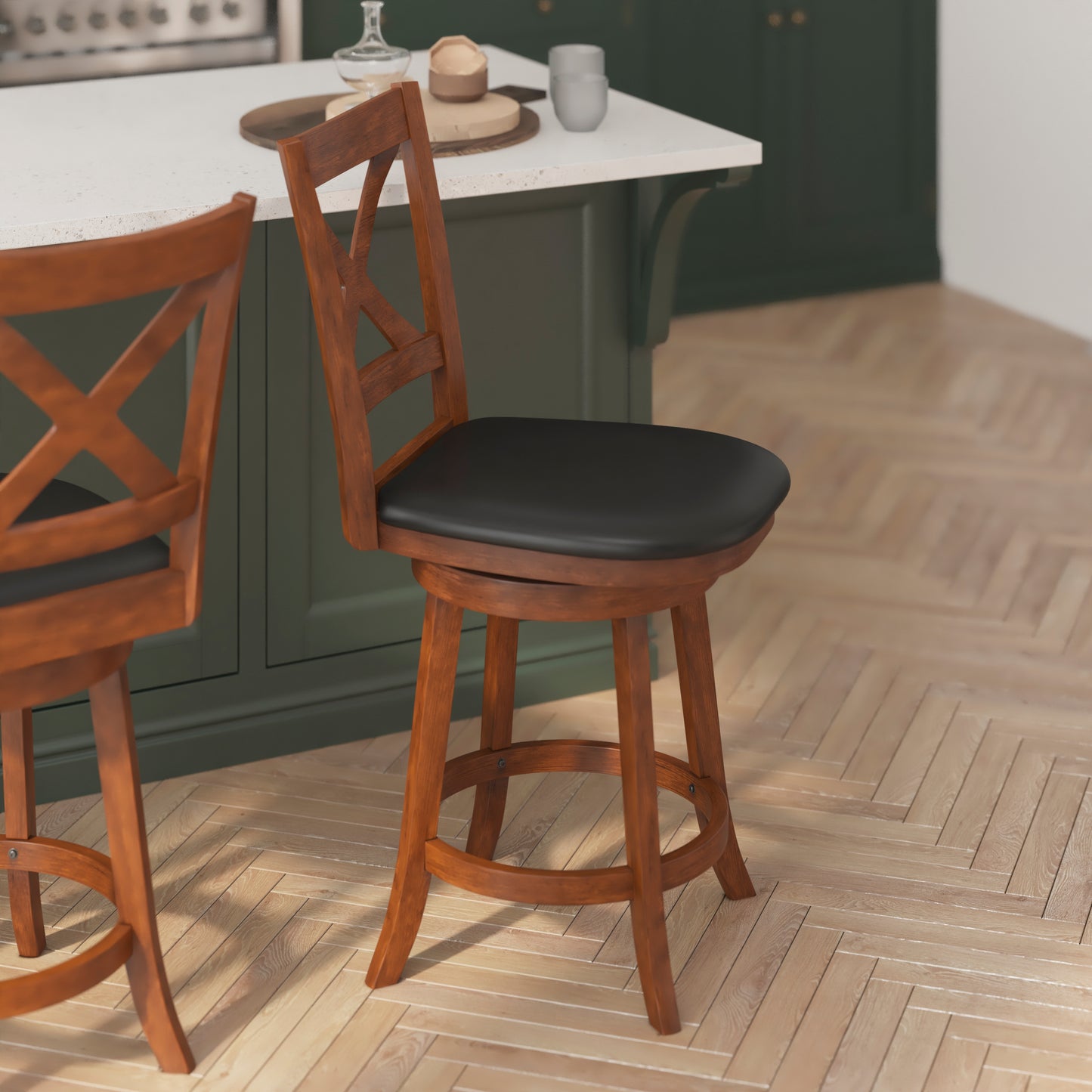 Felicity Commercial Grade Wood Classic Crossback Swivel Counter Height Barstool with Padded Black LeatherSoft Seat, Antique Oak Black Vinyl/Antique Oak Frame